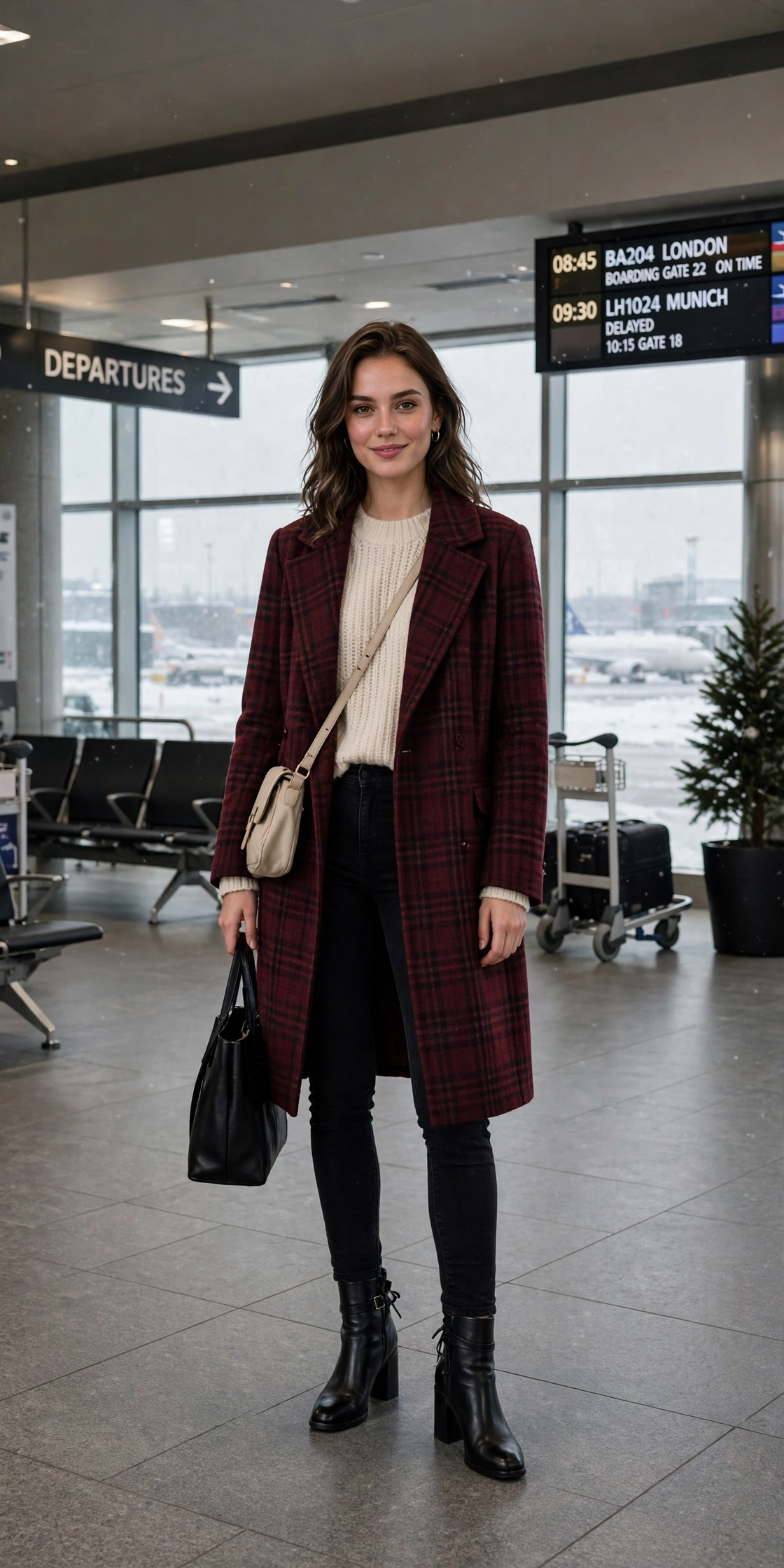 Burgundy checked wool coat, cream sweater with black jeans and block-heel ankle boots