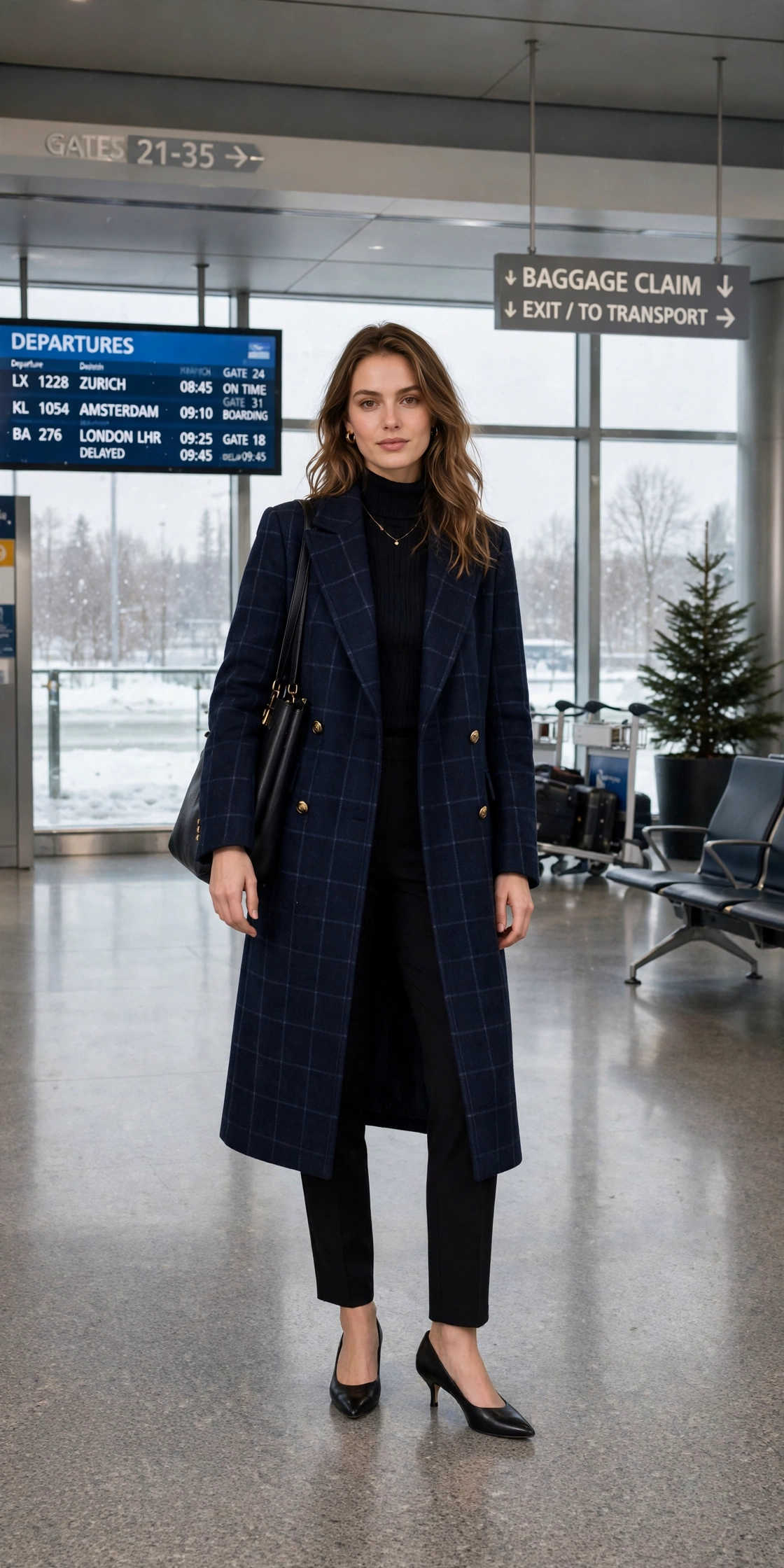 Navy checked wool coat, black trousers and kitten heels