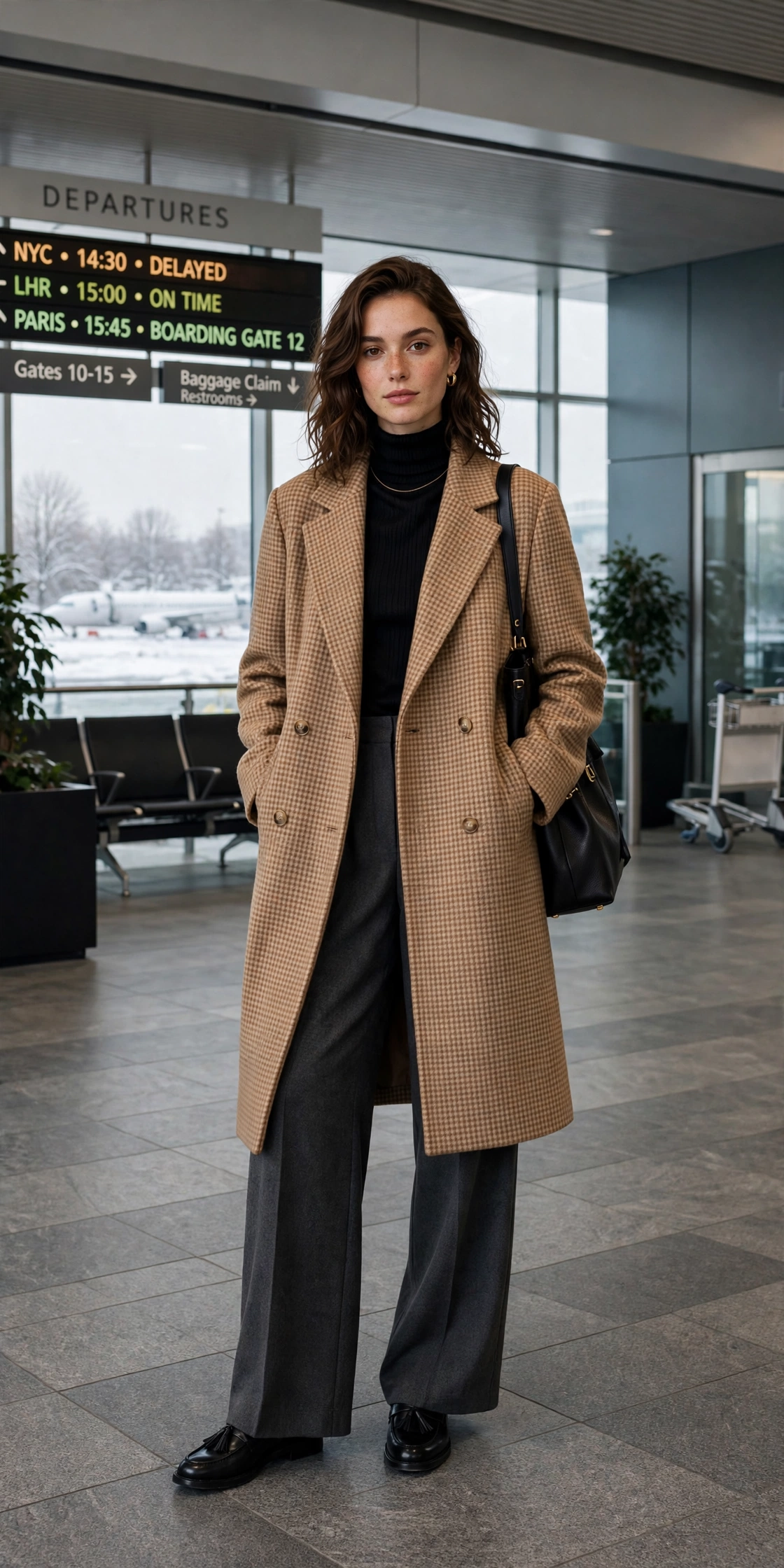 Camel checked wool coat, charcoal wide-leg trousers and classic loafers
