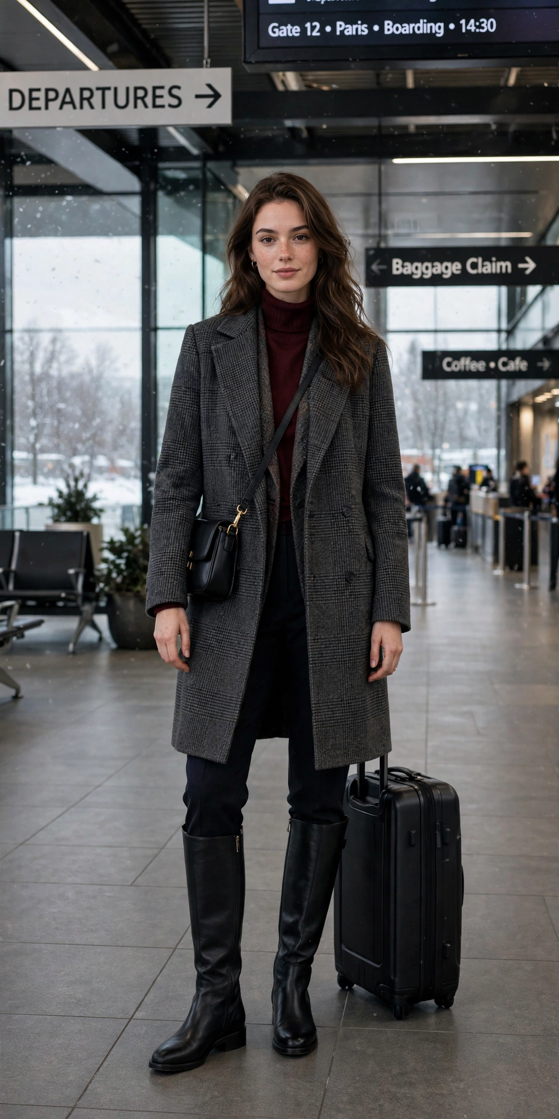Charcoal checked wool coat, burgundy top with dark trousers and knee-high boots
