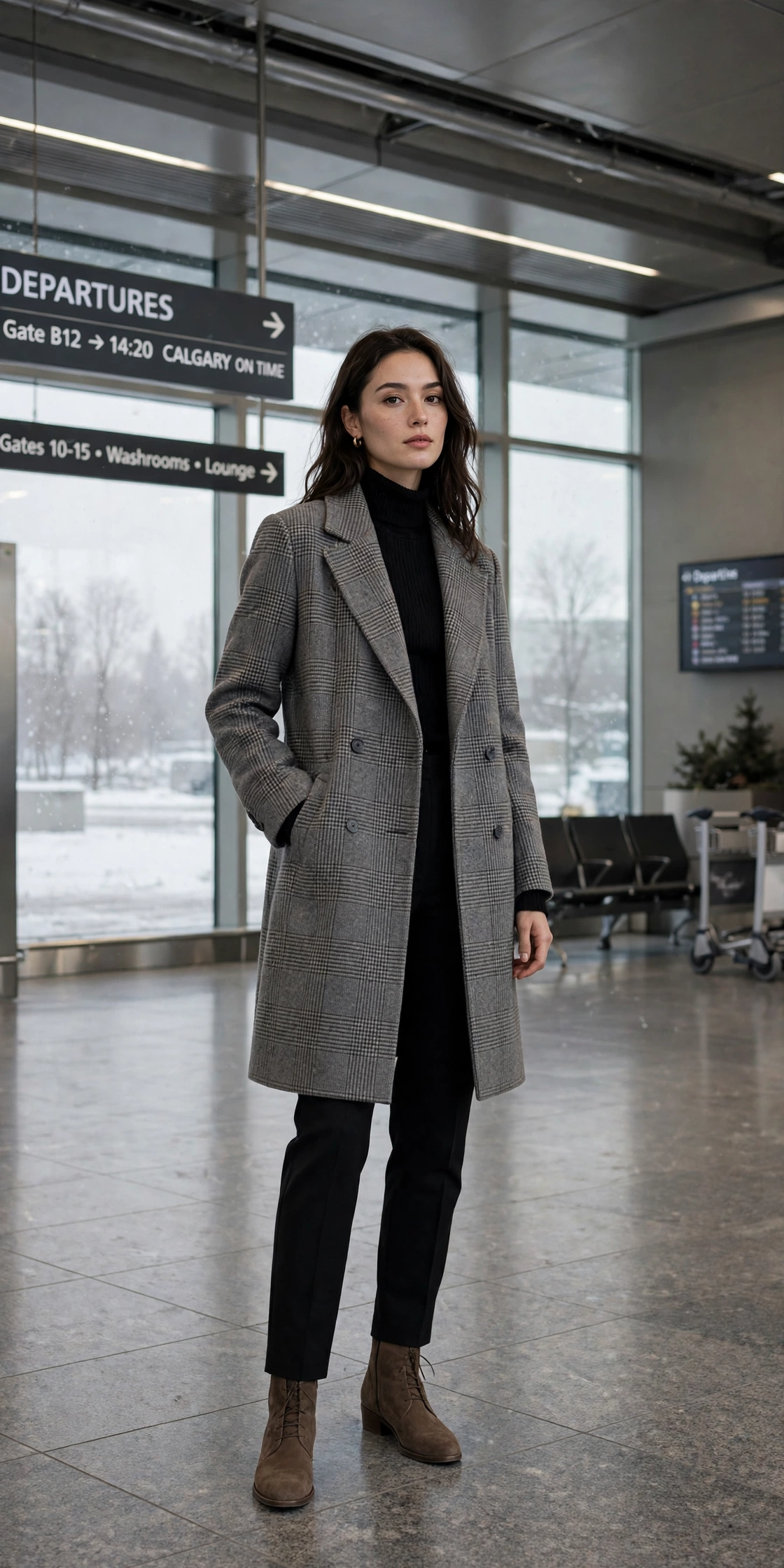 Grey checked wool coat, black trousers and suede ankle boots