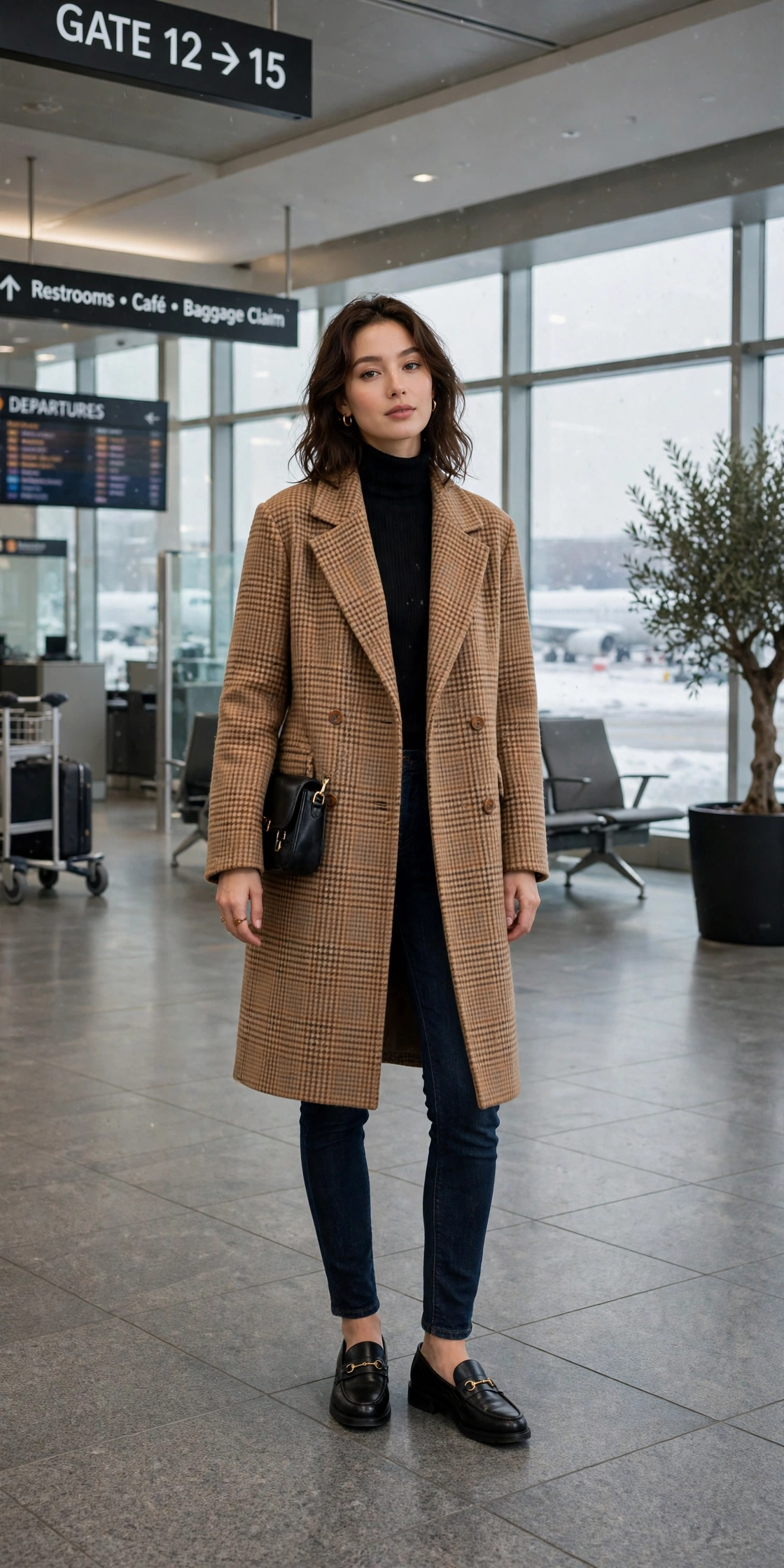 Camel checked wool coat, dark jeans and classic loafers
