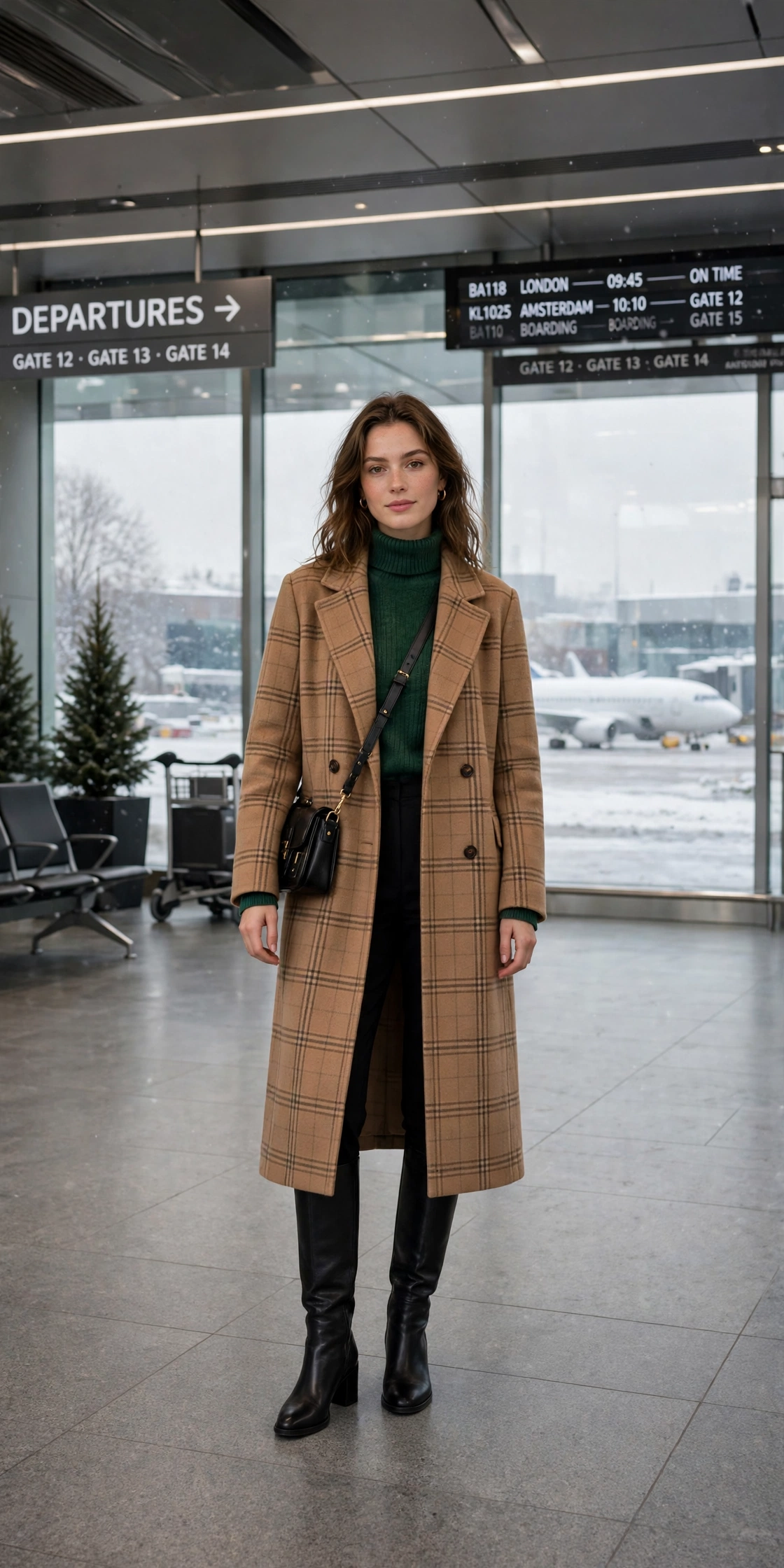 Camel checked wool coat, forest green sweater with black trousers and knee-high boots