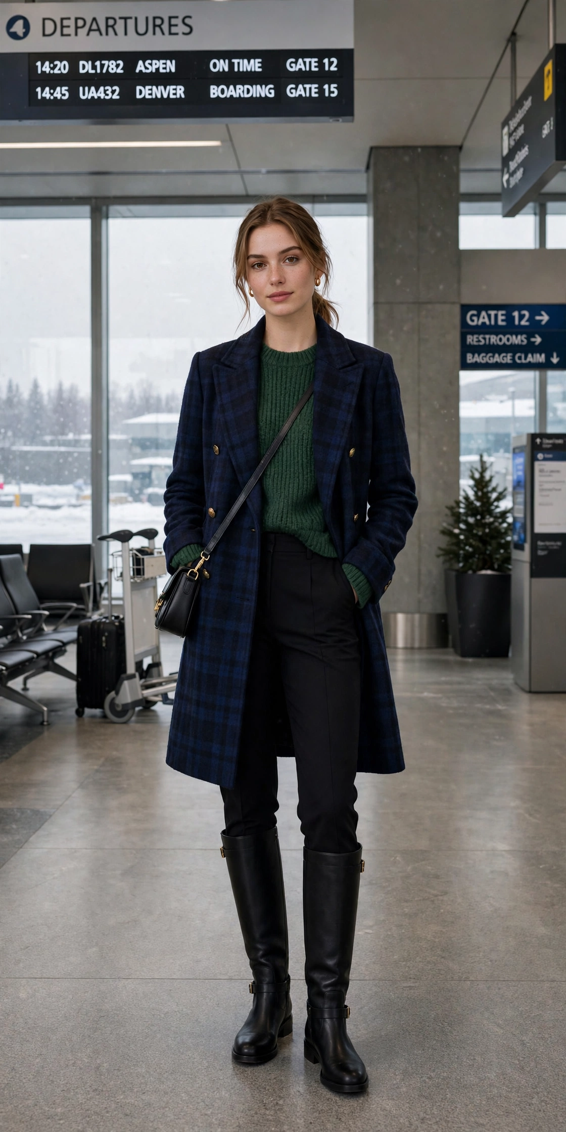 Navy checked wool coat, forest green sweater with black trousers and knee-high boots