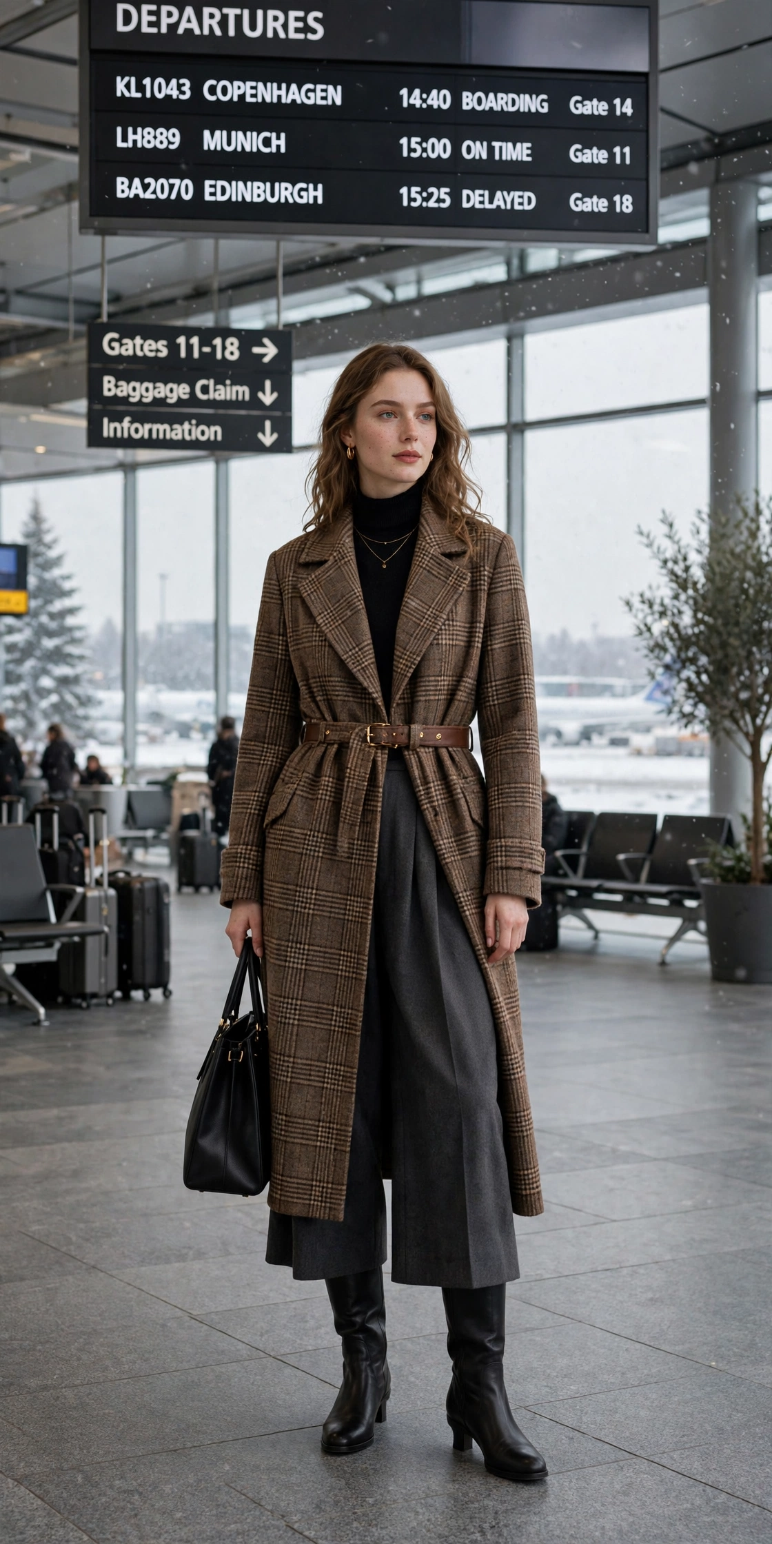 Brown checked wool coat, charcoal wide-leg trousers and knee-high boots