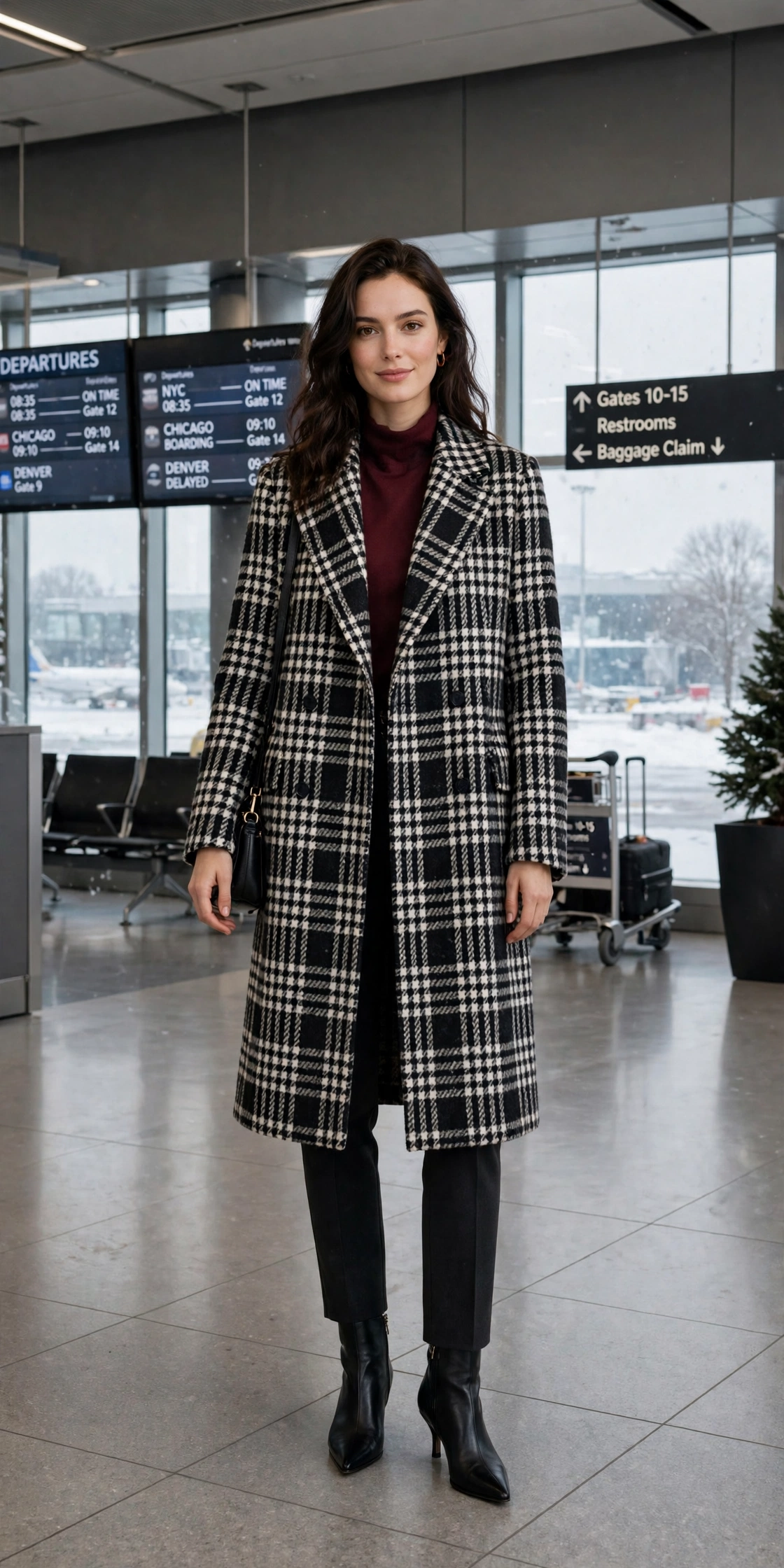 Black and white checked wool coat, burgundy top with dark trousers and black pointed boots