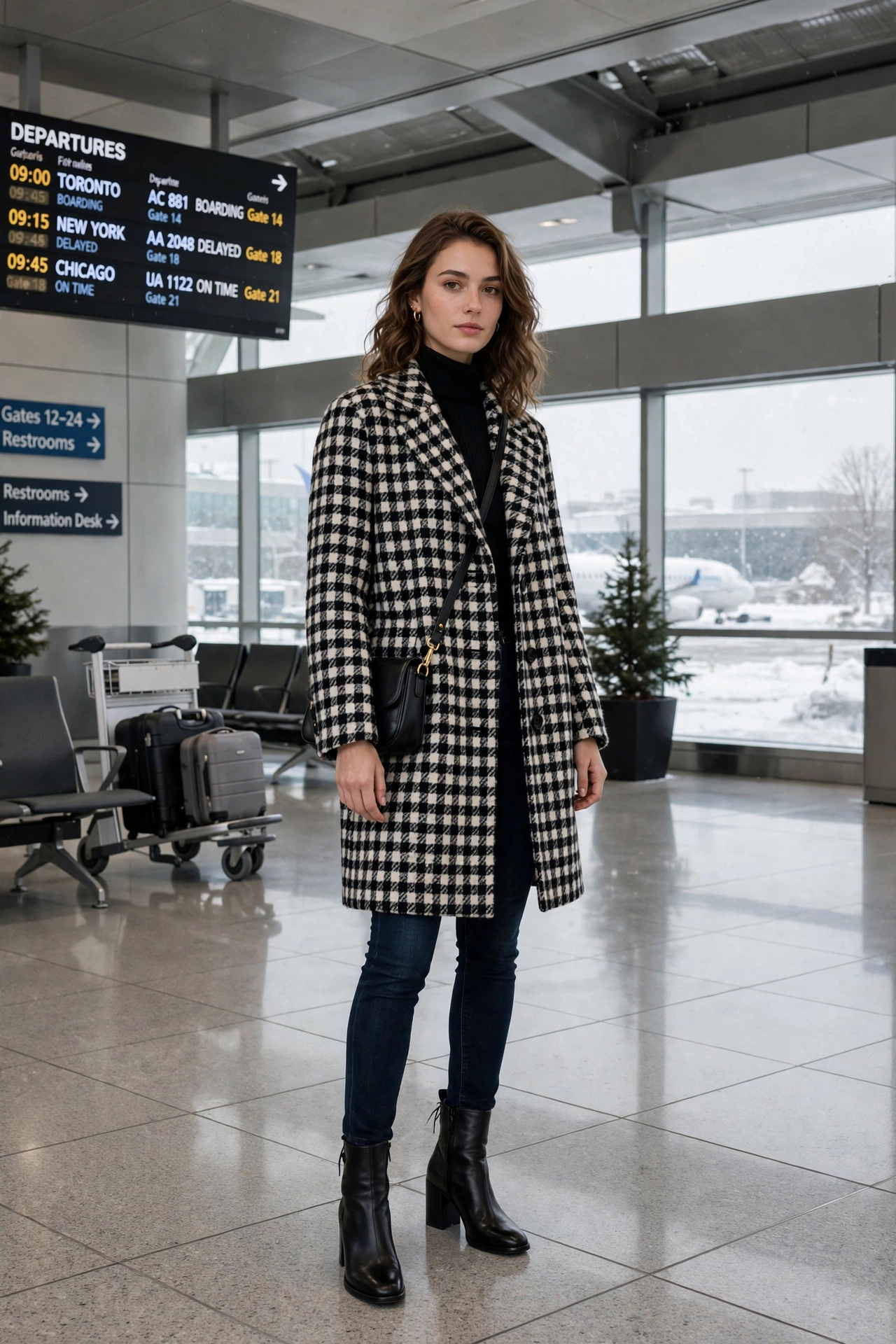 Black and white checked wool coat, dark jeans and block-heel ankle boots