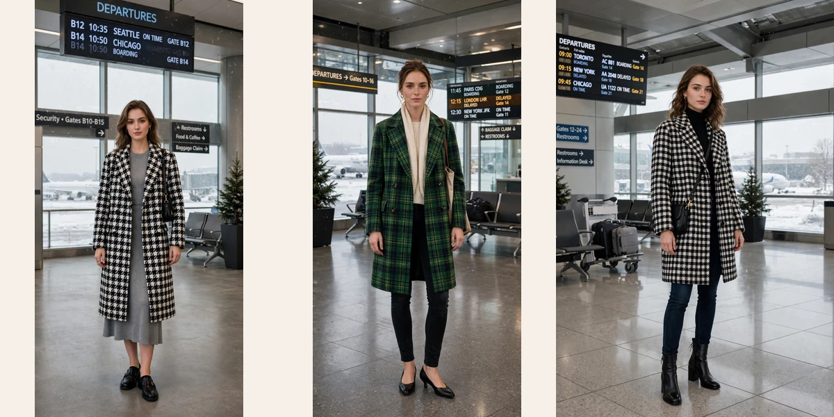 18 Women in their 20s checked wool coat outfits for winter travel That Are Chic, Warm and Elegant