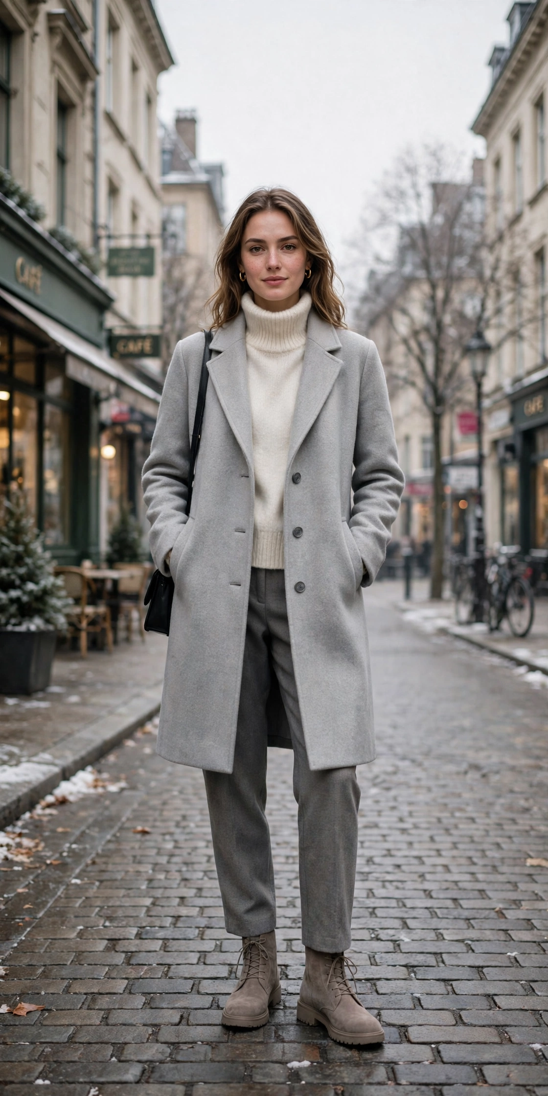 Light grey wool coat, cream turtleneck with grey trousers and suede ankle boots