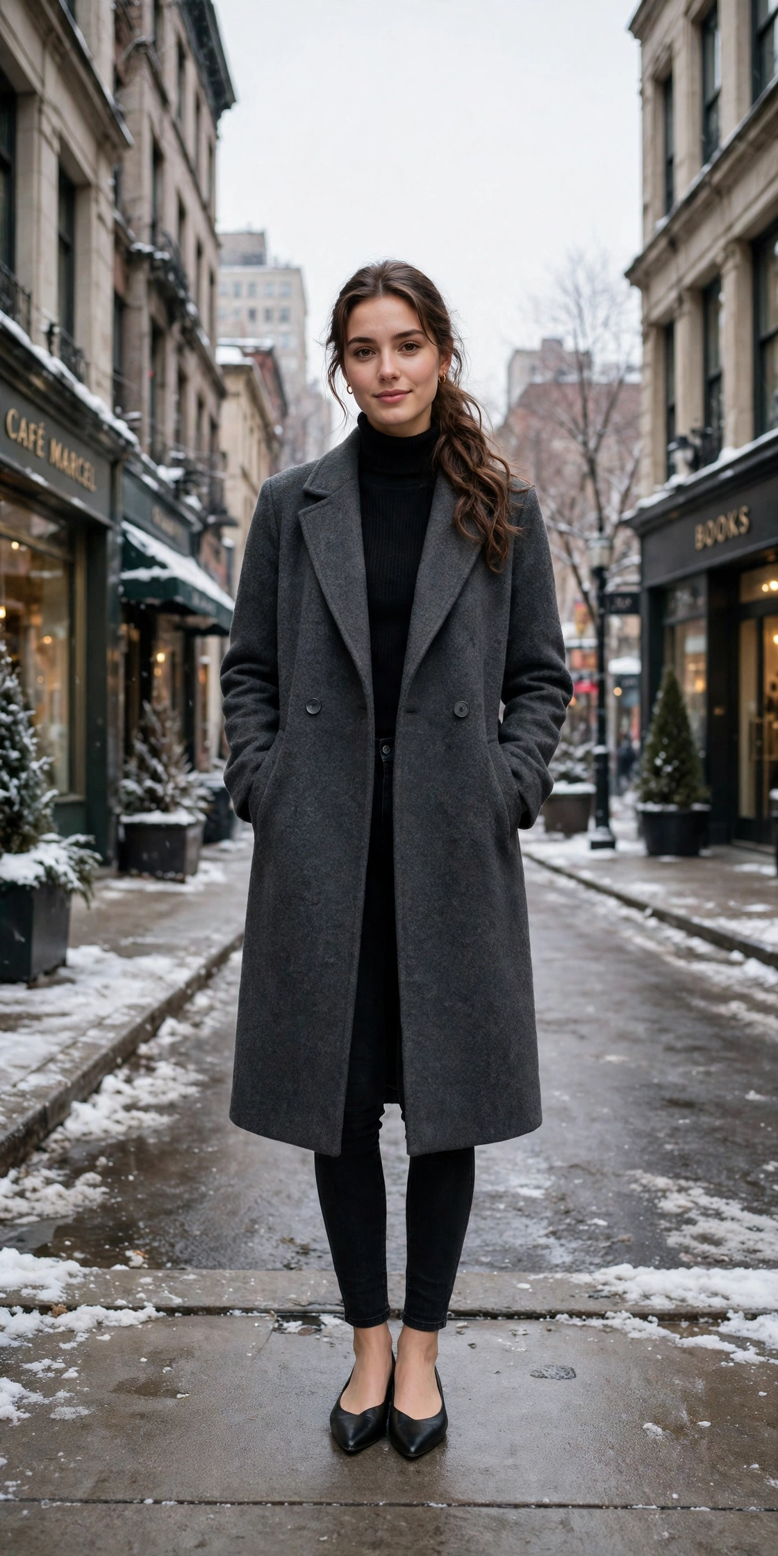 Charcoal grey wool coat, black skinny jeans and elegant pointed flats