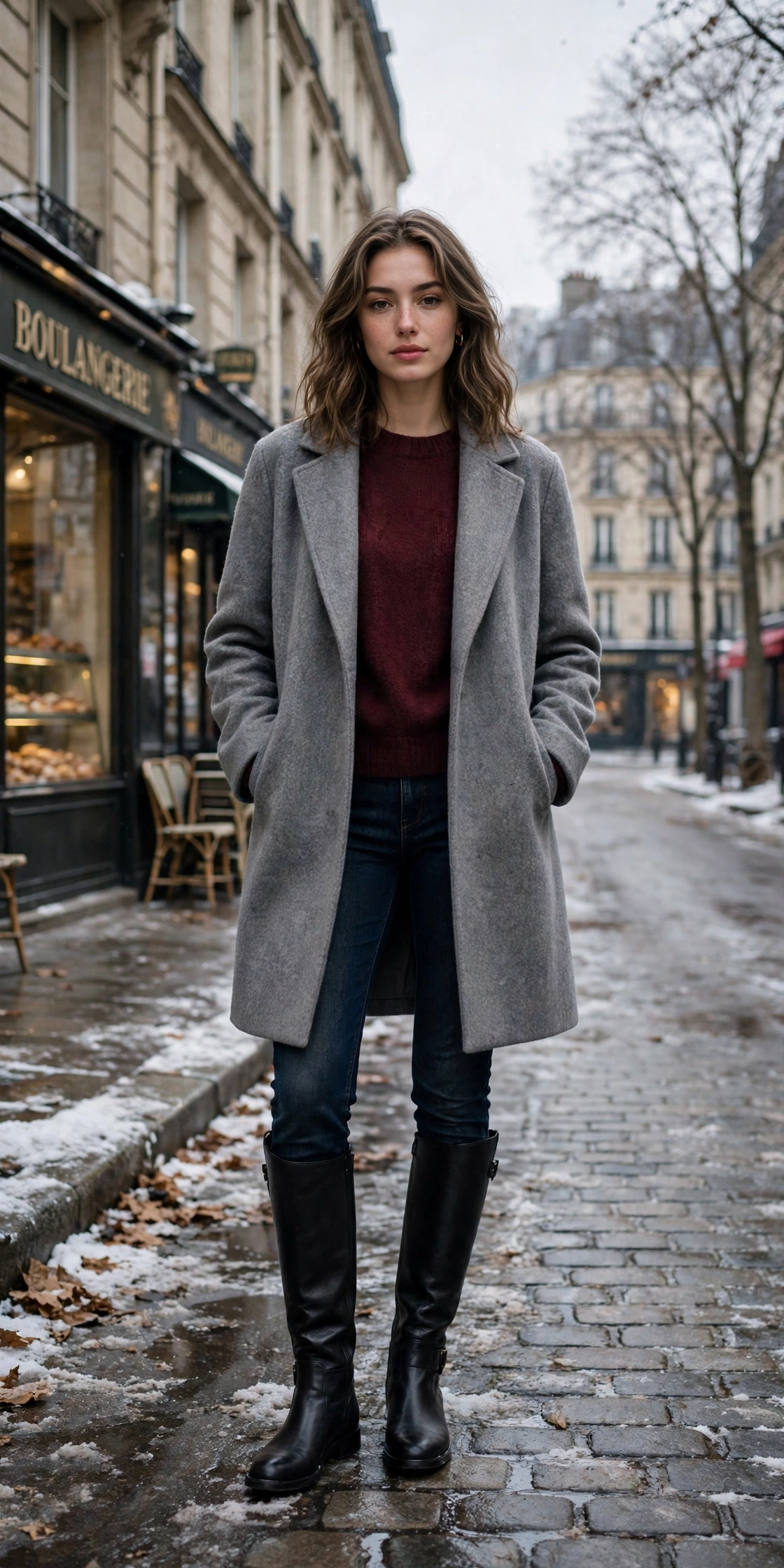Soft grey wool coat, burgundy sweater with dark jeans and knee-high boots
