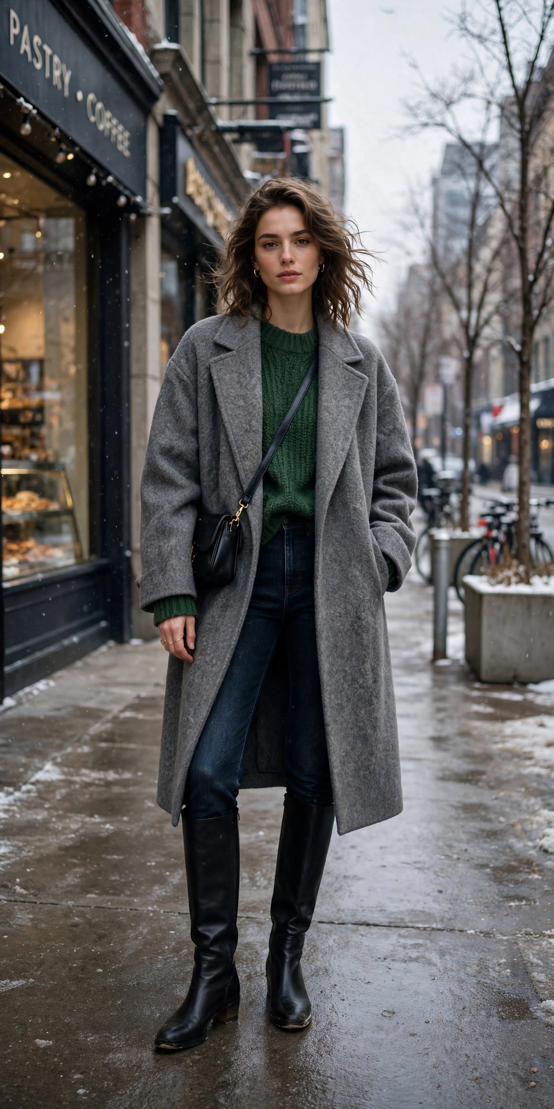 Oversized grey wool coat, forest green knit top with dark jeans and knee-high boots