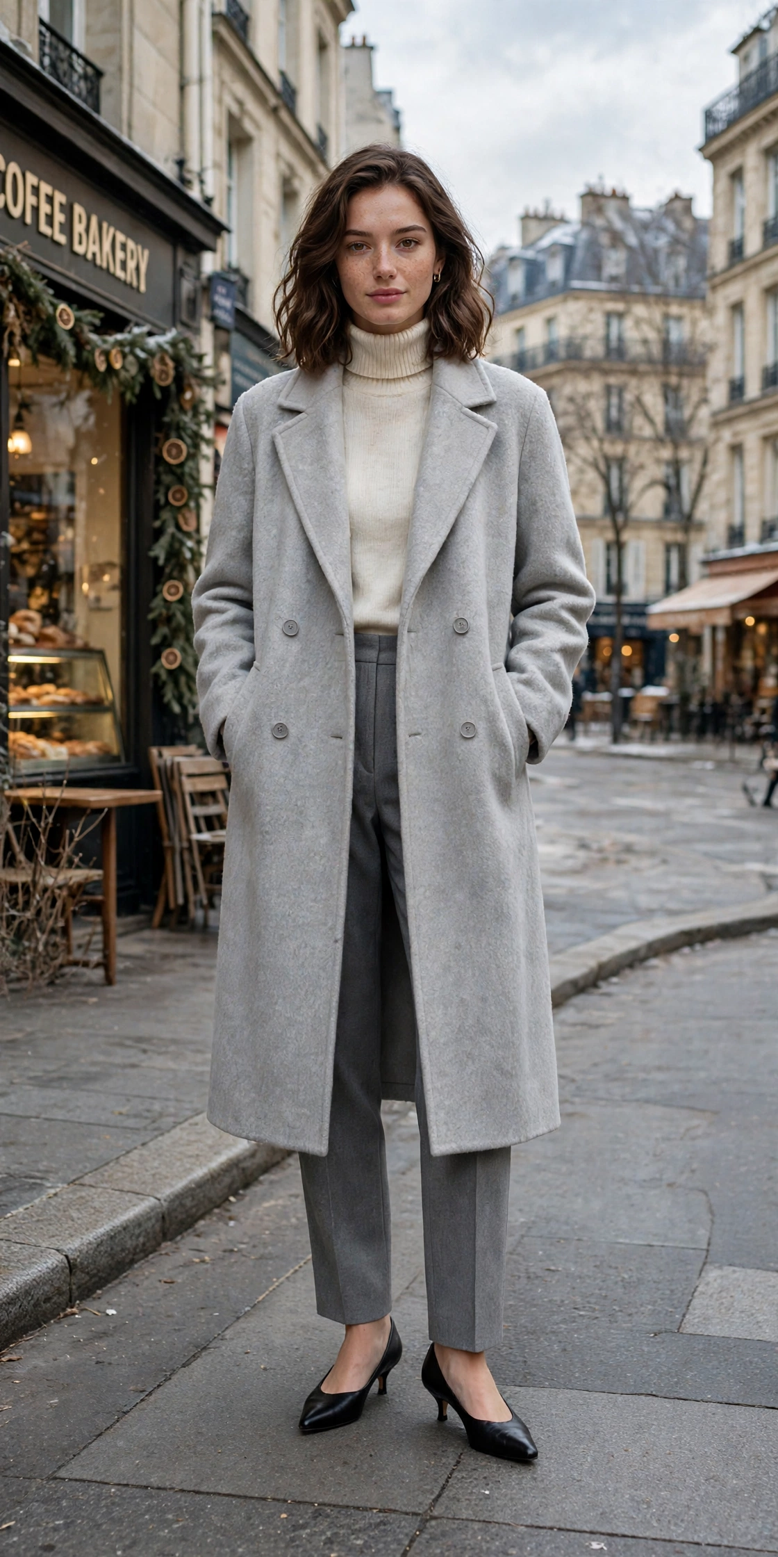 Light grey wool coat, cream turtleneck with grey trousers and kitten heels