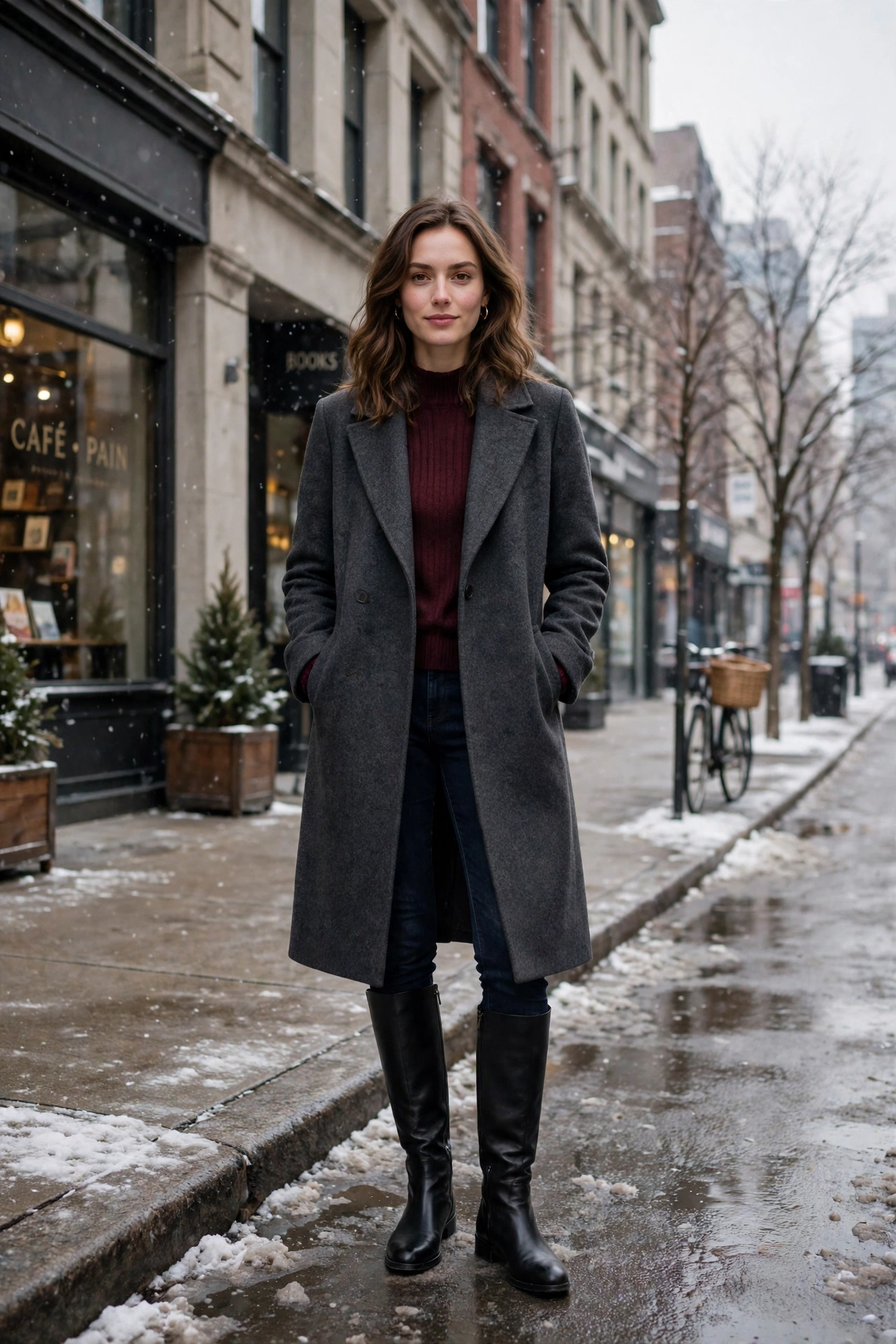 Dark grey wool coat, burgundy sweater with dark jeans and knee-high boots