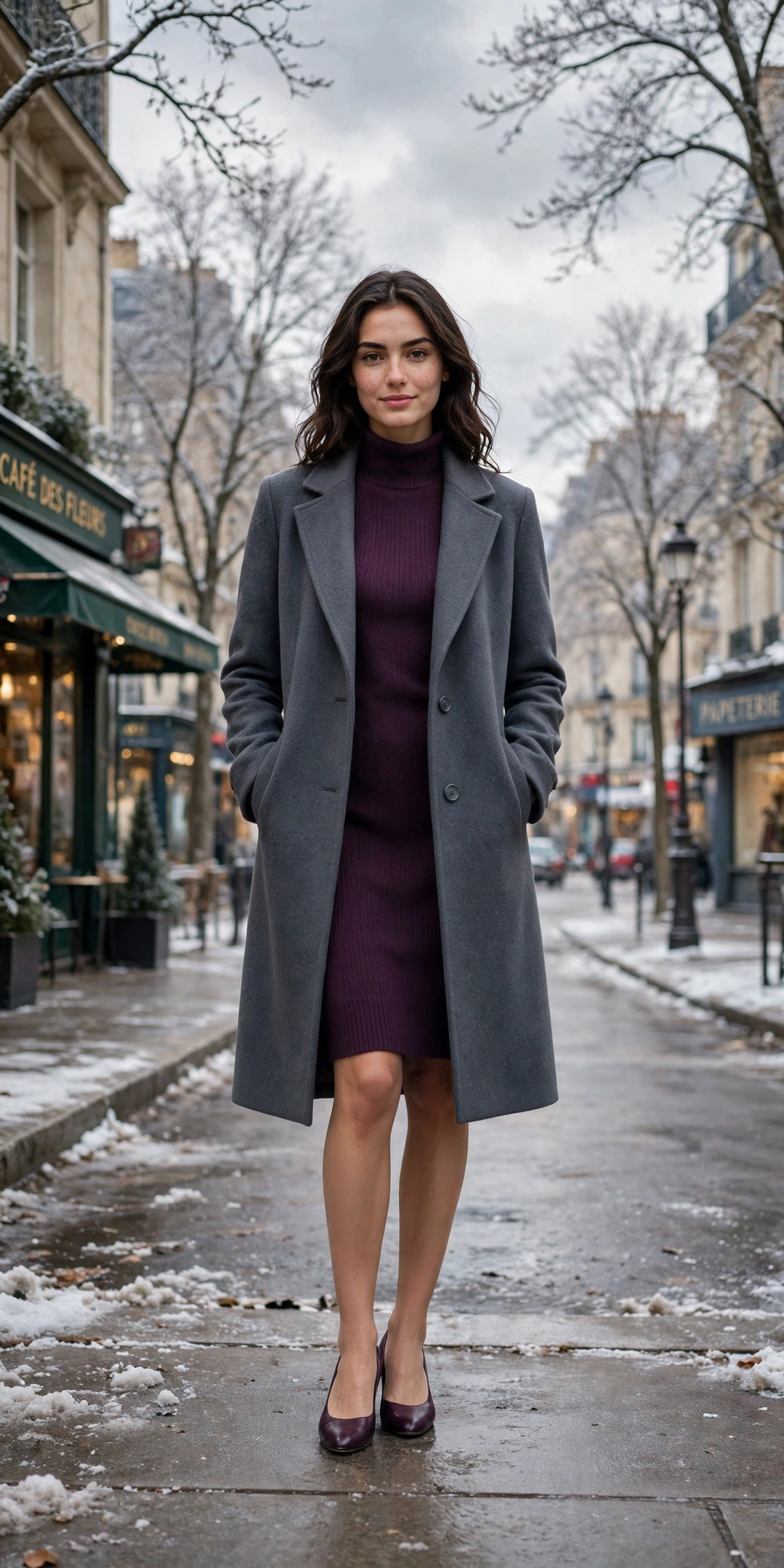 Slate grey wool coat, plum sweater dress and low-heeled pumps