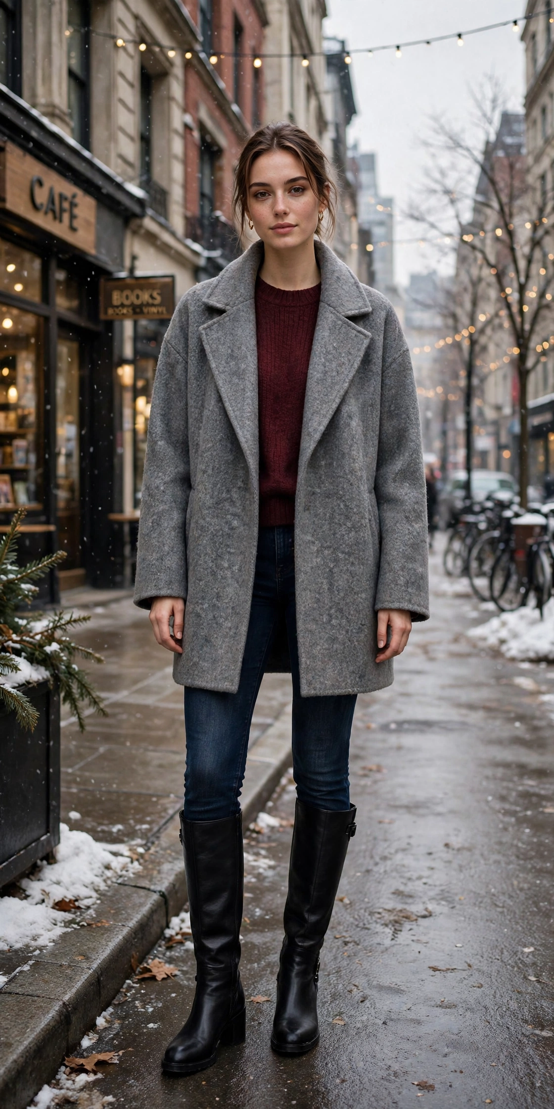 Oversized grey wool coat, burgundy sweater with dark jeans and knee-high boots