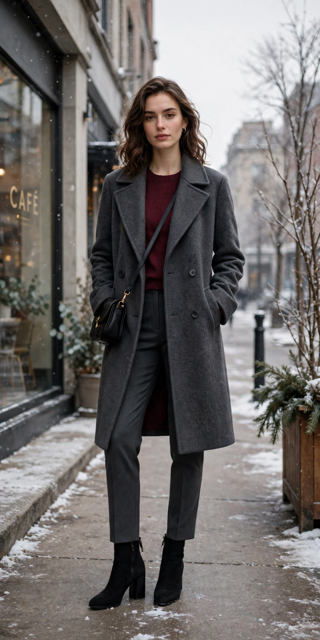Charcoal grey wool coat, wine top with charcoal trousers and block-heel ankle boots