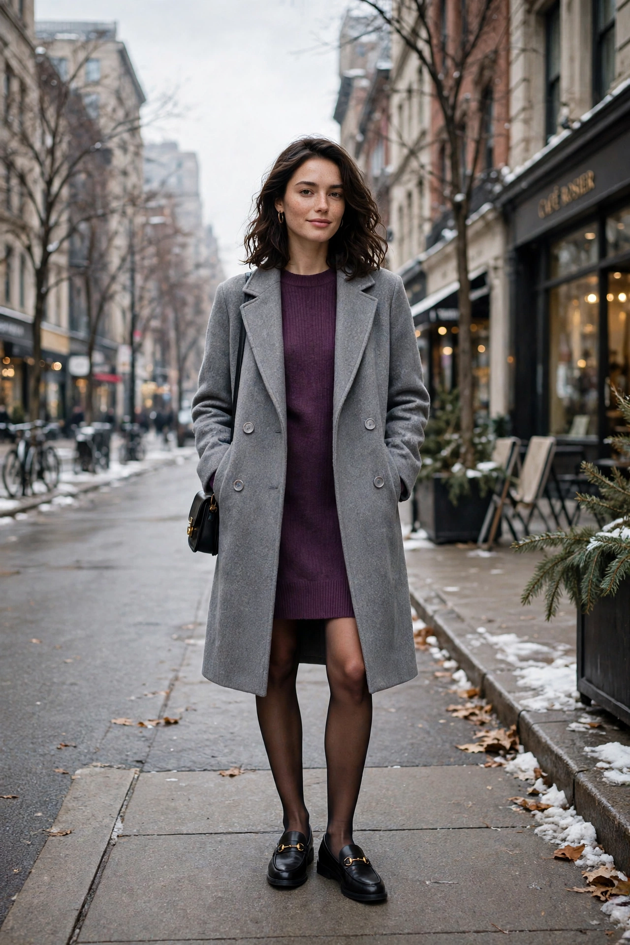 Soft grey wool coat, plum sweater dress and classic loafers