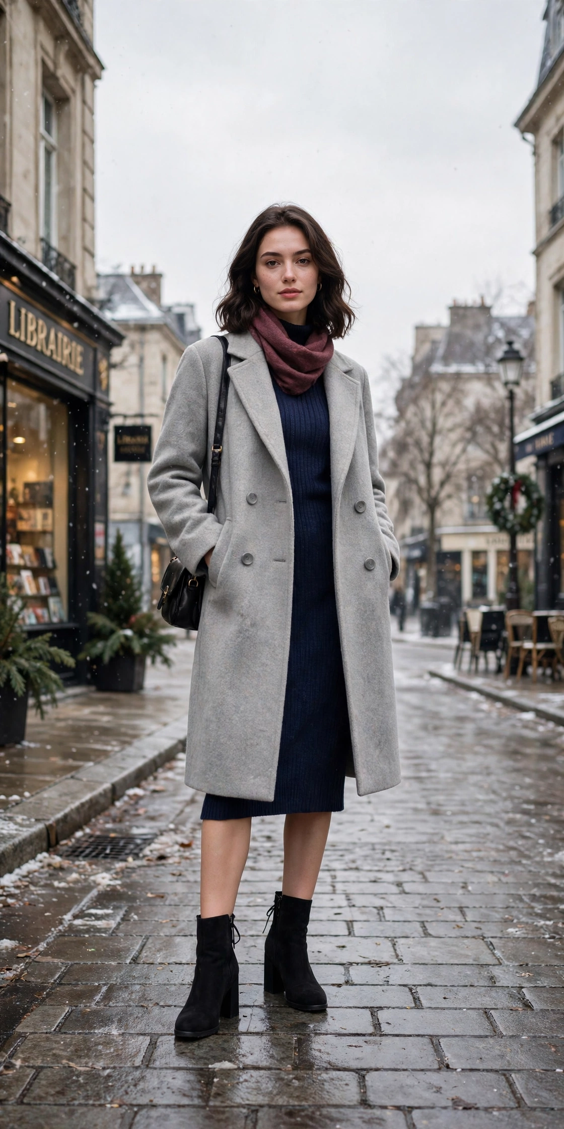 Light grey wool coat, navy knit dress and block-heel ankle boots