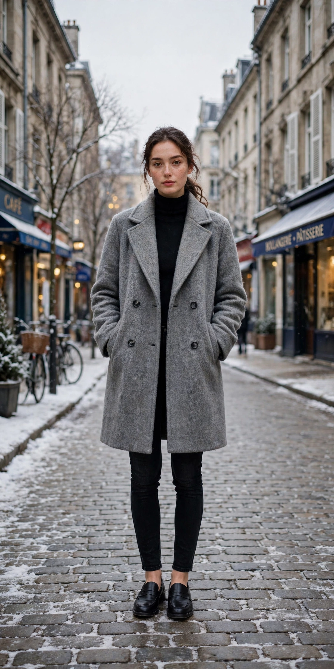 Soft grey wool coat, black skinny jeans and classic loafers
