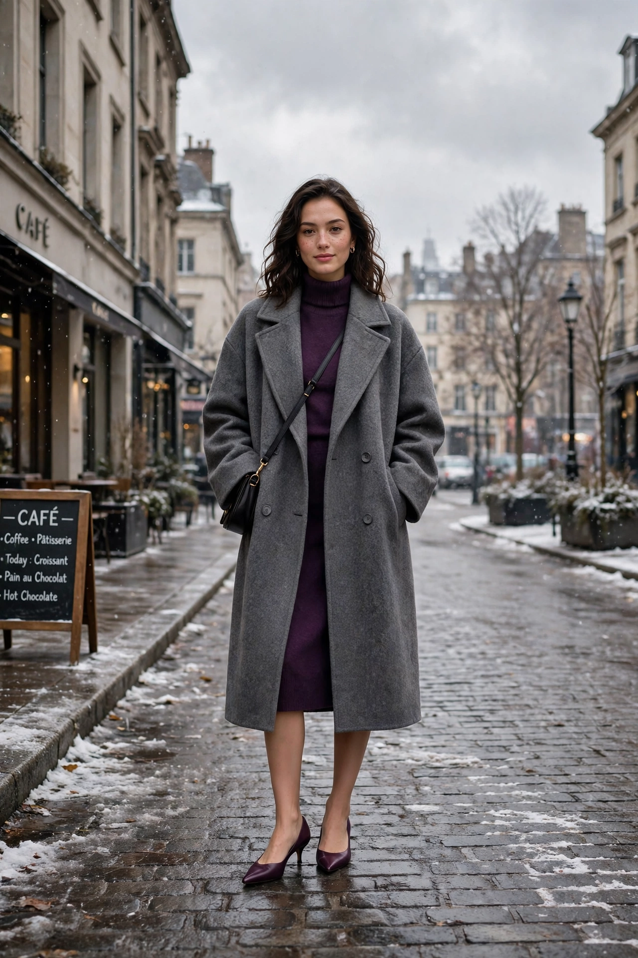 Oversized grey wool coat, plum sweater dress and kitten heels
