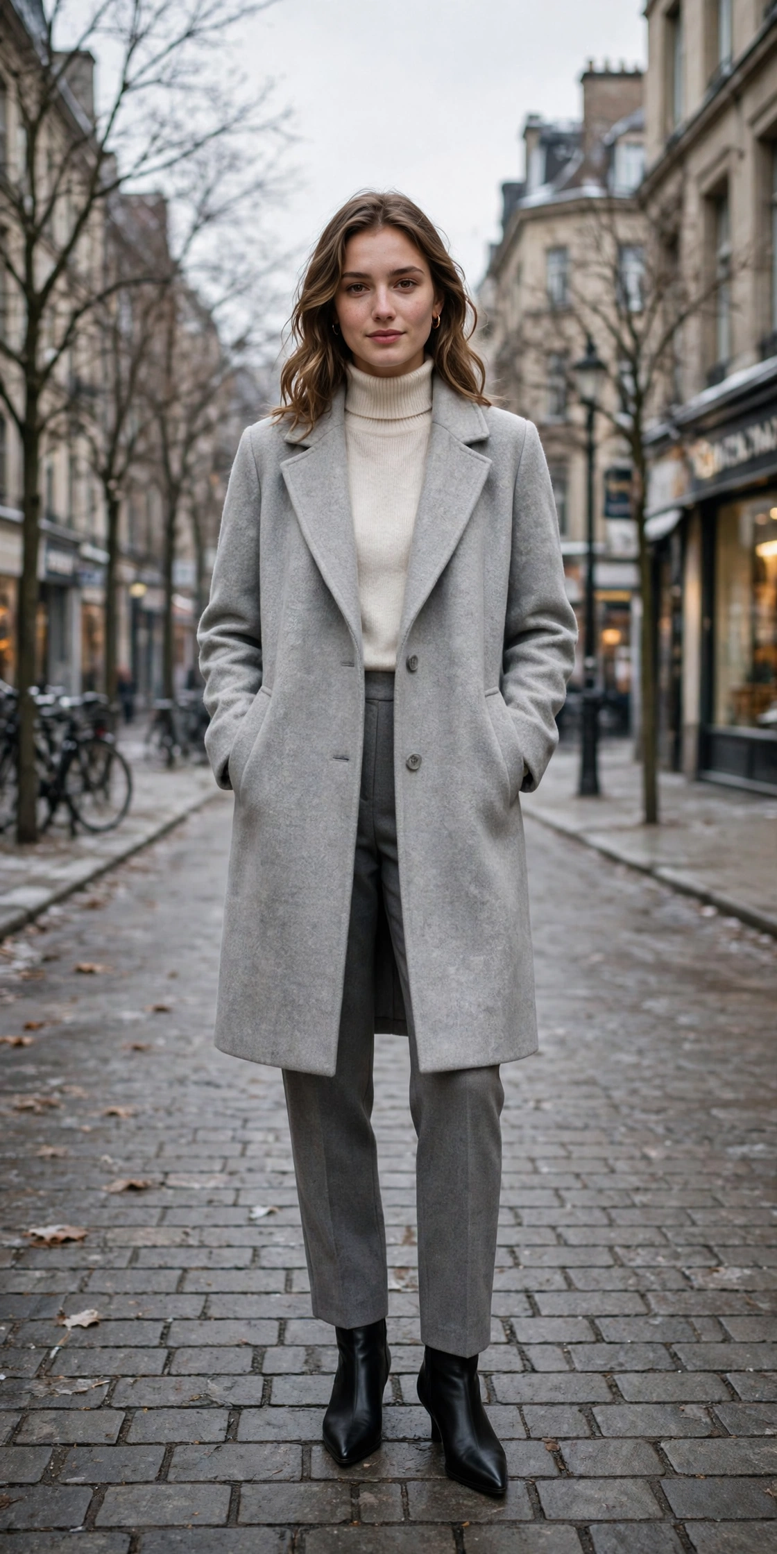 Light grey wool coat, cream turtleneck with grey trousers and black pointed boots