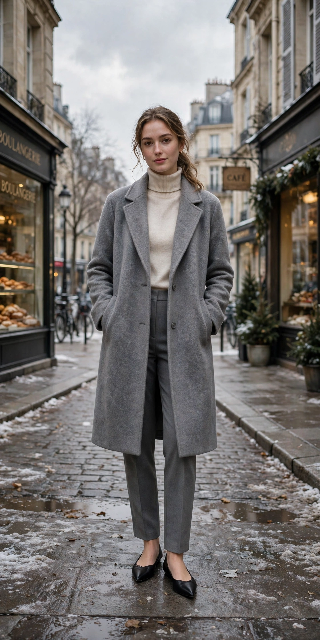 Soft grey wool coat, cream turtleneck with grey trousers and elegant pointed flats