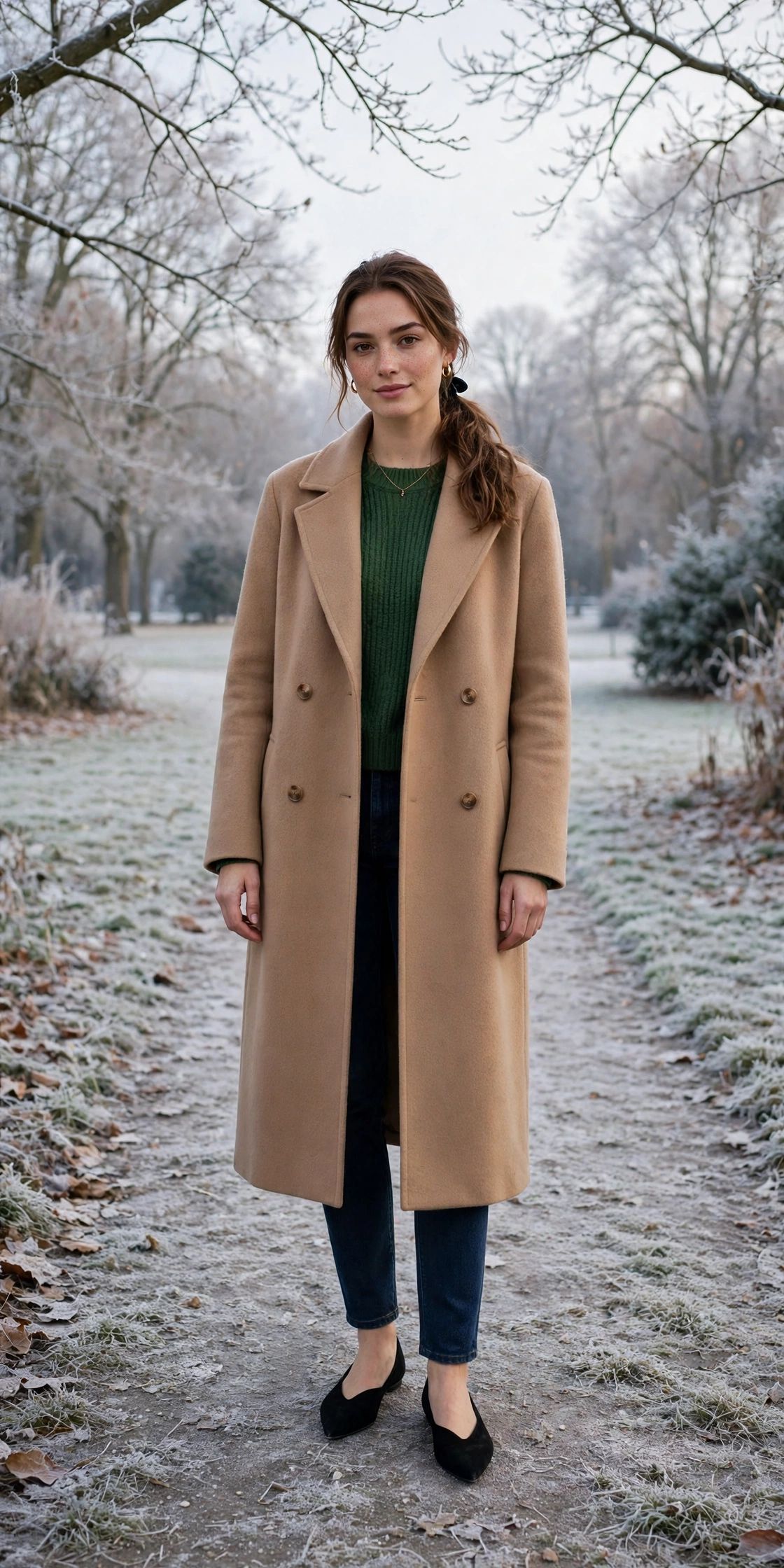 Long camel wool coat, forest green sweater with dark jeans and elegant pointed flats