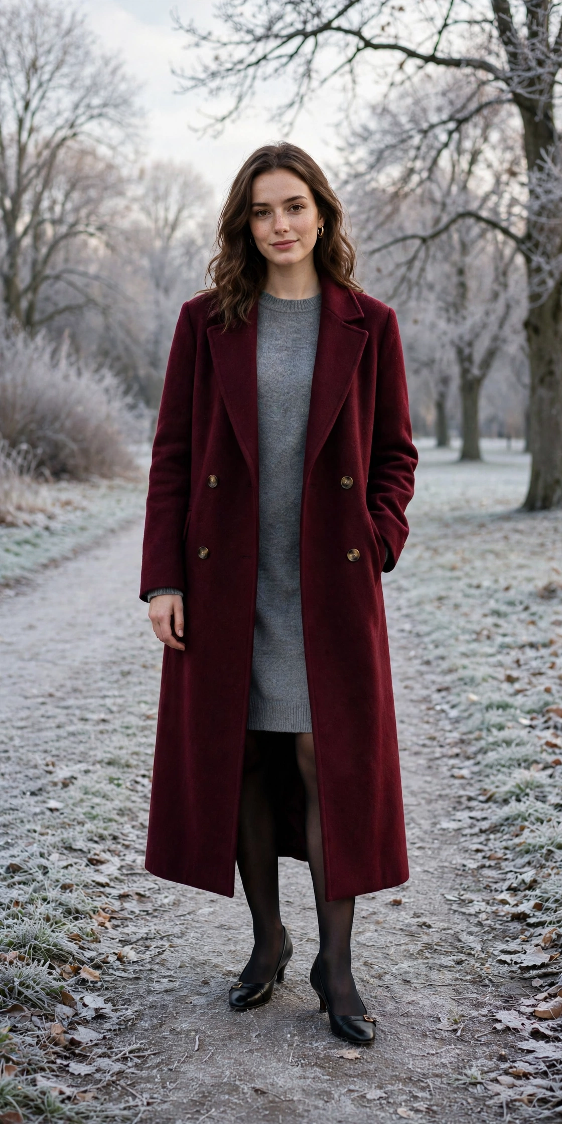 Long burgundy wool coat, grey knit dress with tights and low-heeled pumps