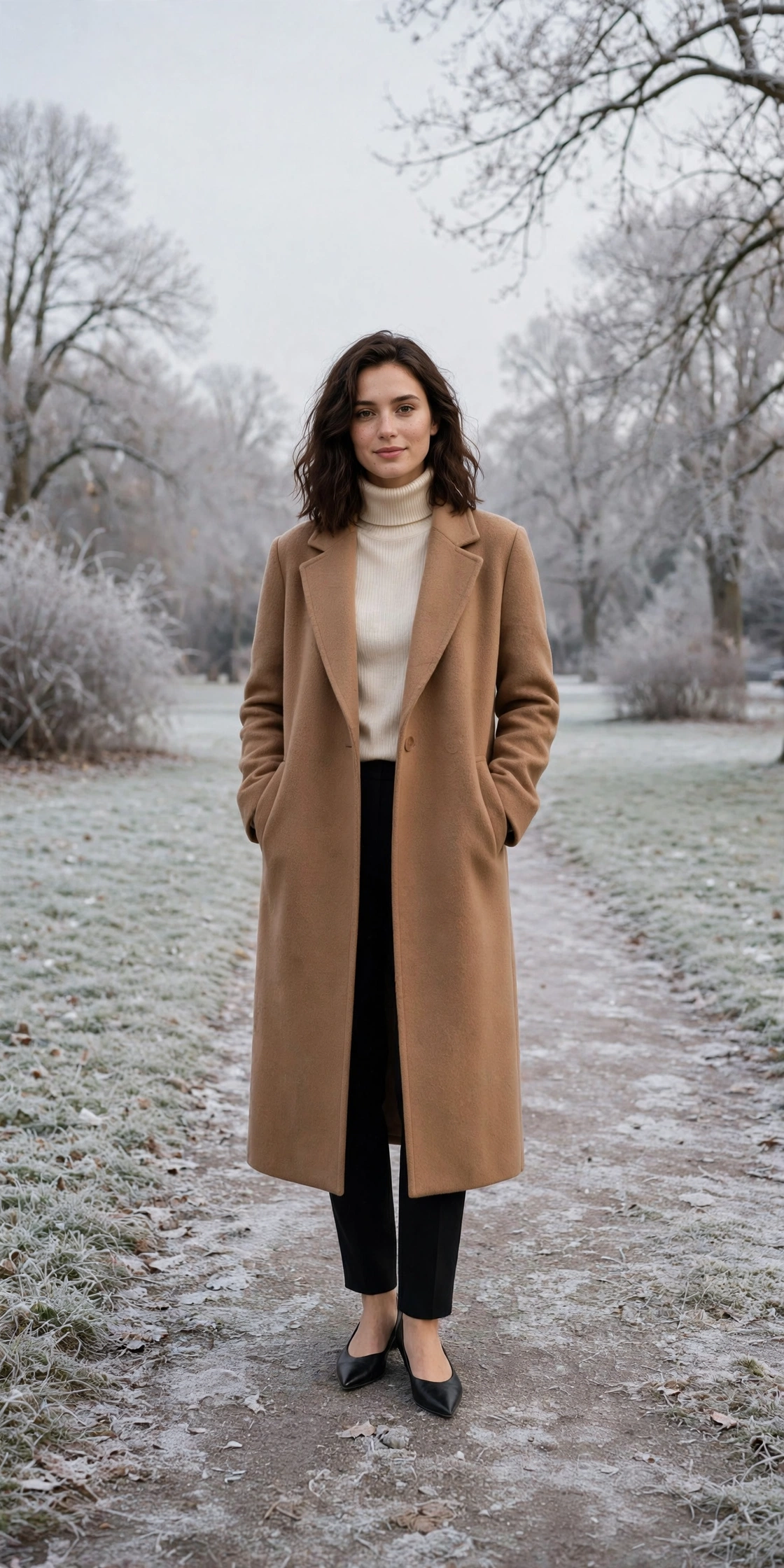 Long camel wool coat, cream turtleneck with black trousers and elegant pointed flats
