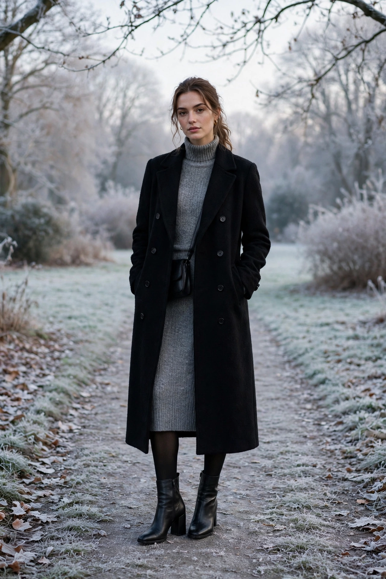 Long black wool coat, grey knit dress with tights and block-heel ankle boots