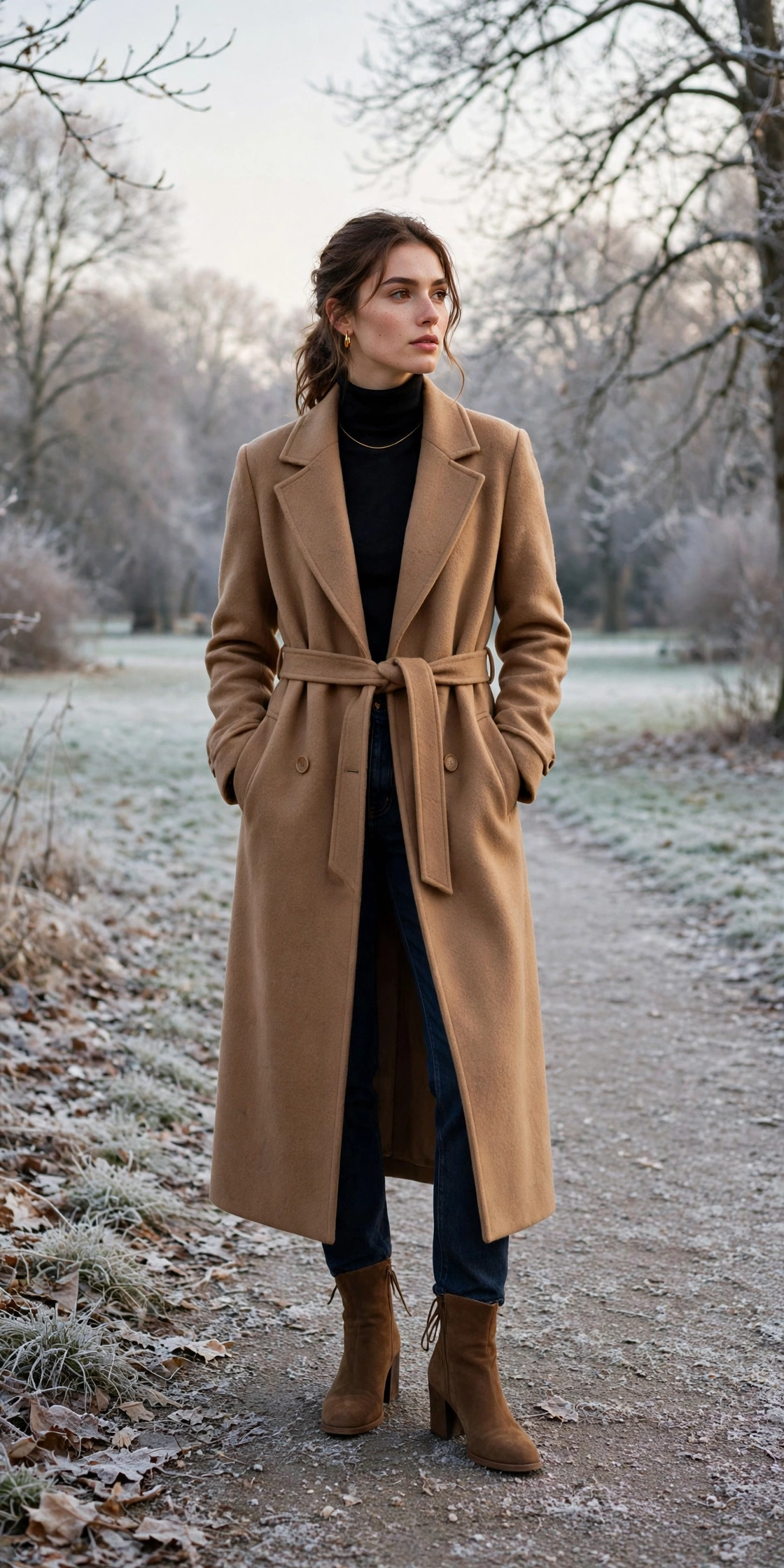 Long camel wool coat, dark jeans and suede ankle boots