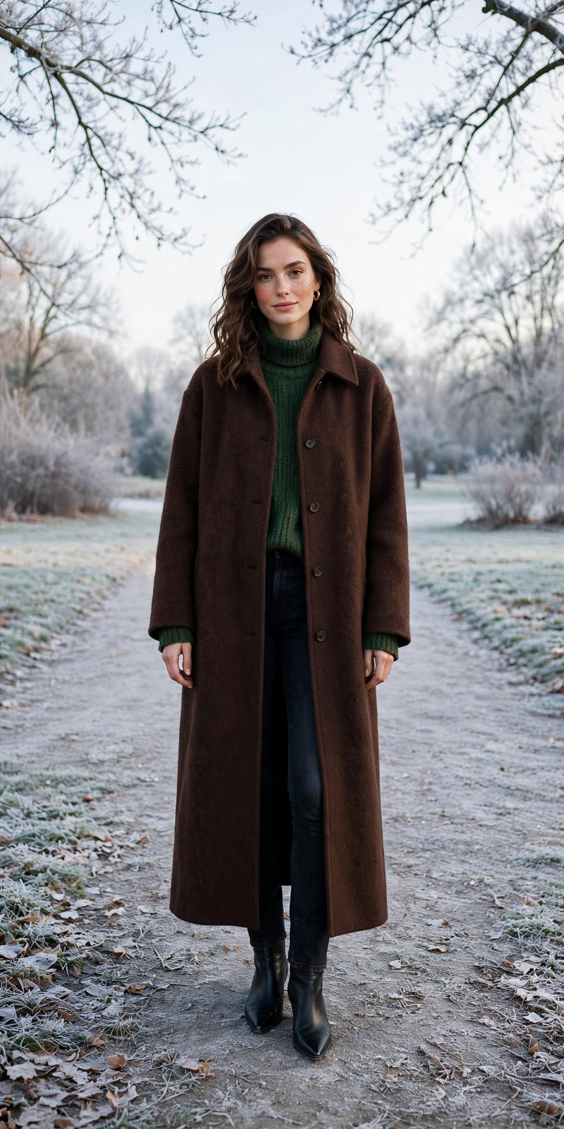 Long chocolate wool coat, forest green sweater with dark jeans and black pointed boots