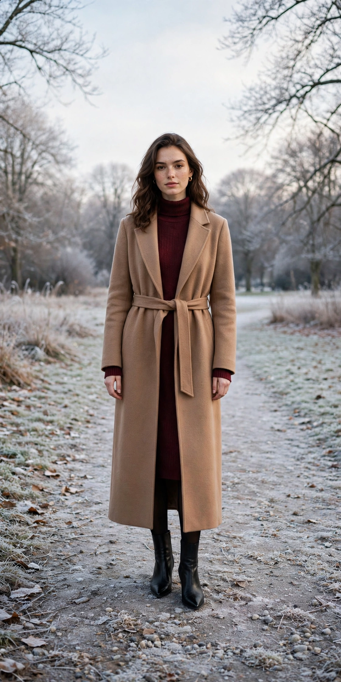 Long camel wool coat, burgundy sweater dress with tights and black pointed boots