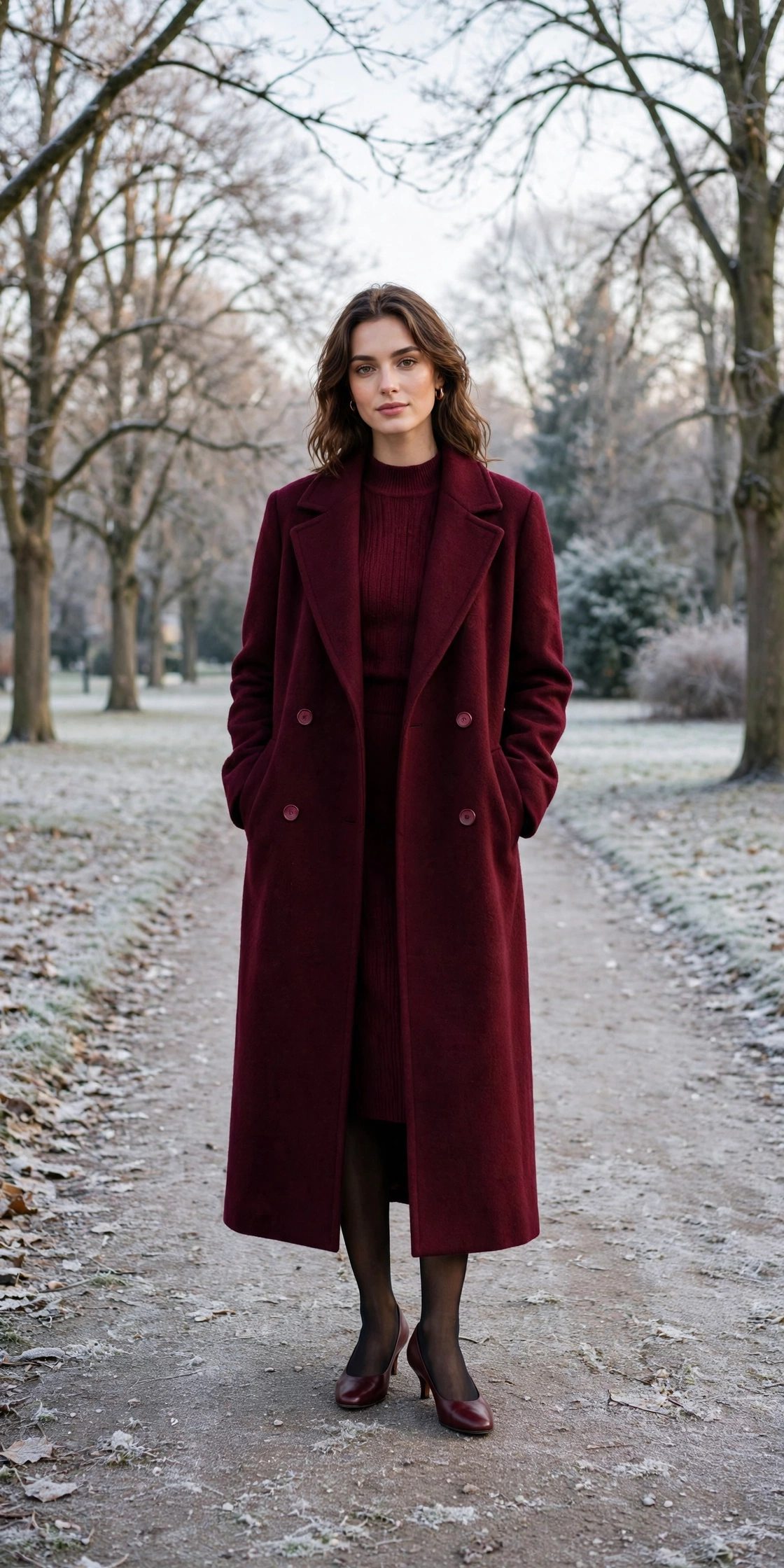 Long burgundy wool coat, burgundy sweater dress with tights and low-heeled pumps
