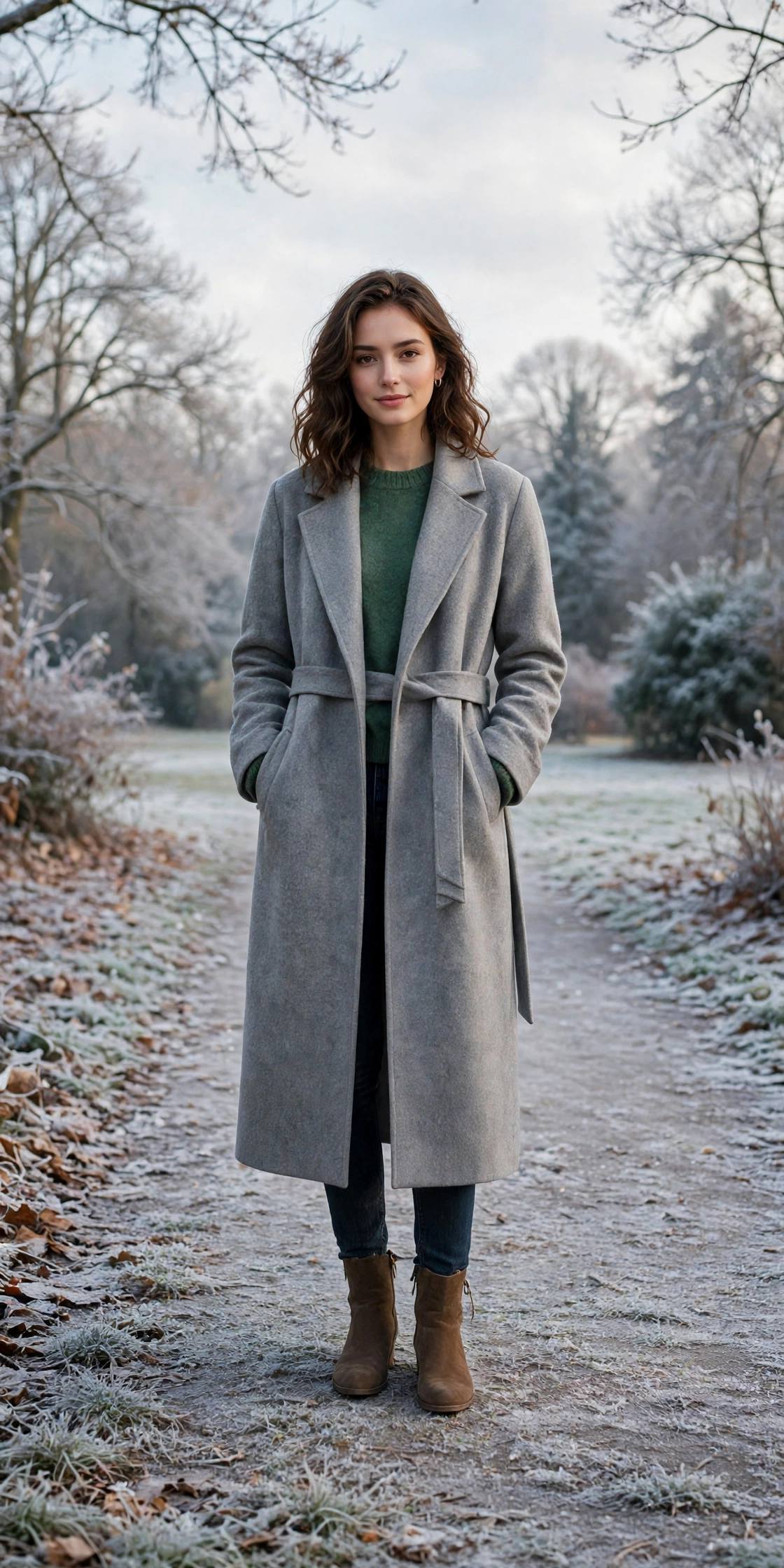 Long grey wool coat, forest green sweater with dark jeans and suede ankle boots