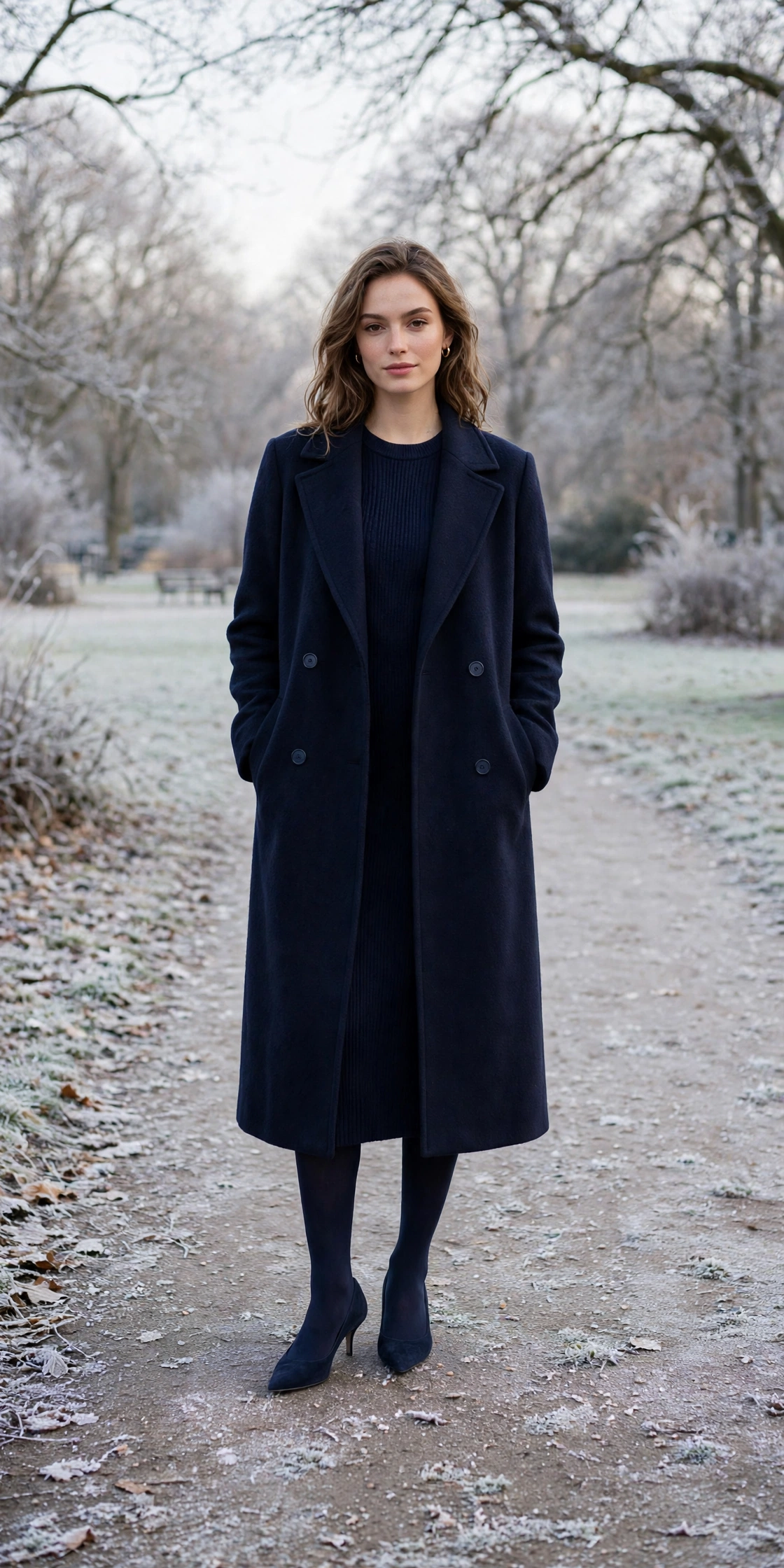 Long navy wool coat, navy knit dress with opaque tights and kitten heels