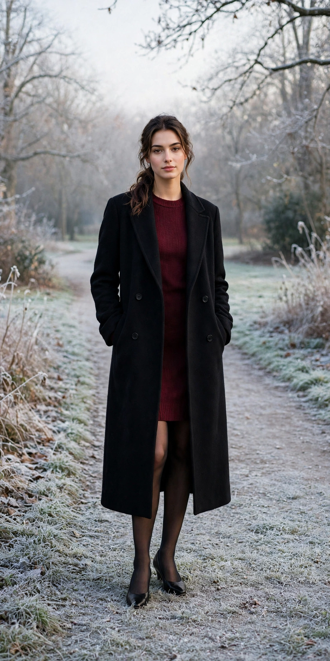 Long black wool coat, burgundy sweater dress with tights and low-heeled pumps