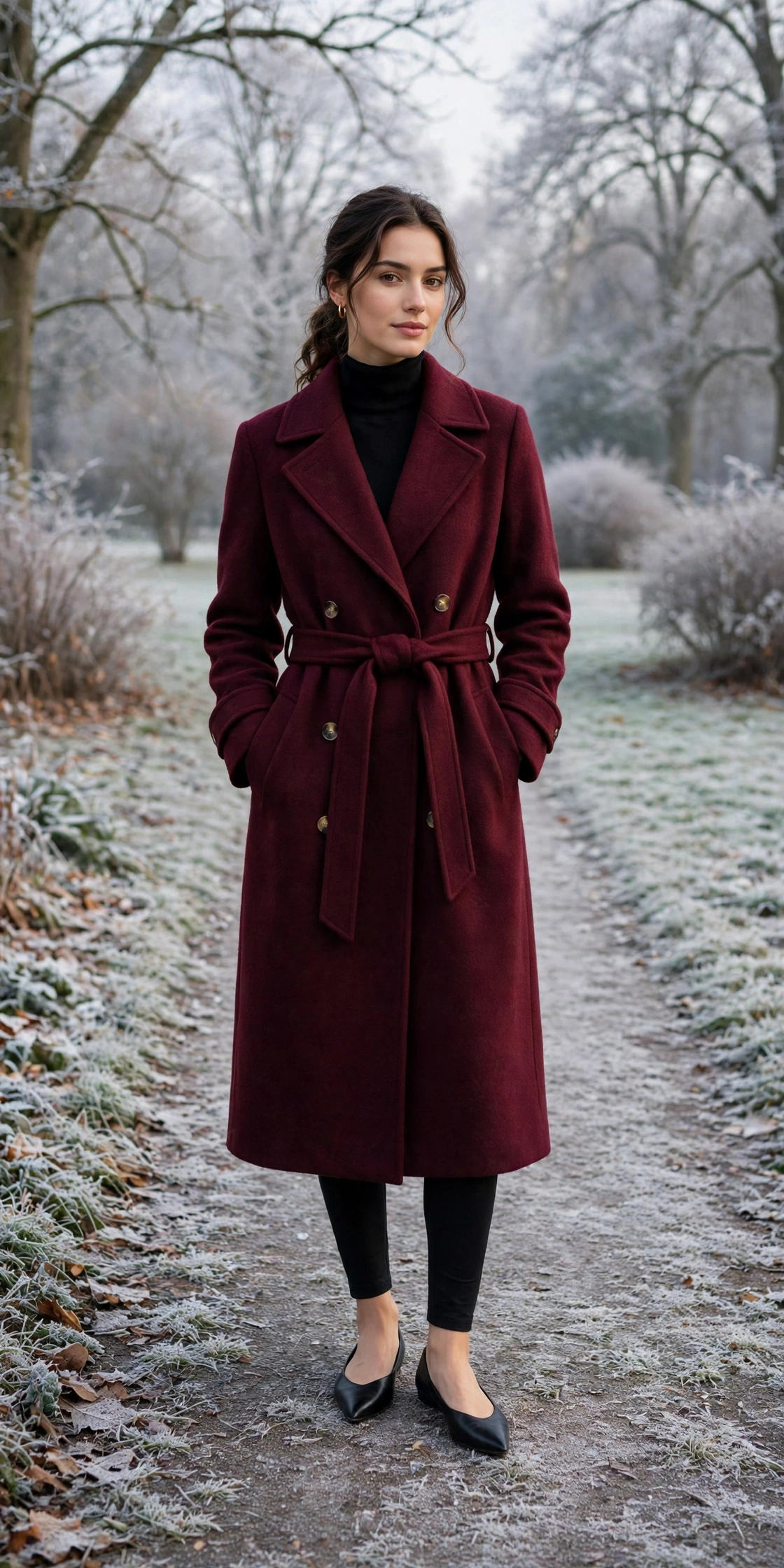 Long burgundy wool coat, black leggings and elegant pointed flats
