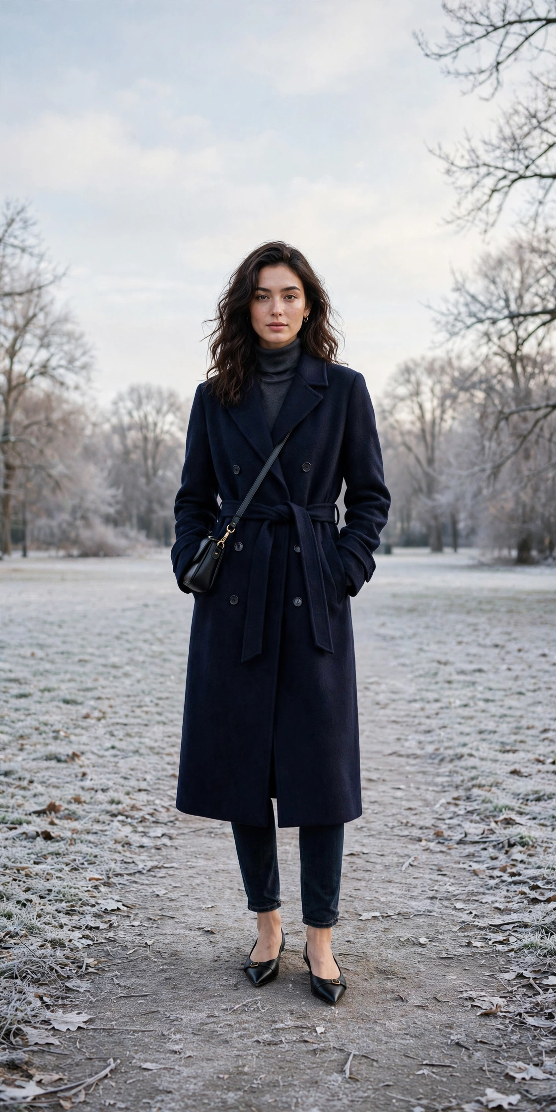 Long navy wool coat, dark jeans and elegant pointed flats