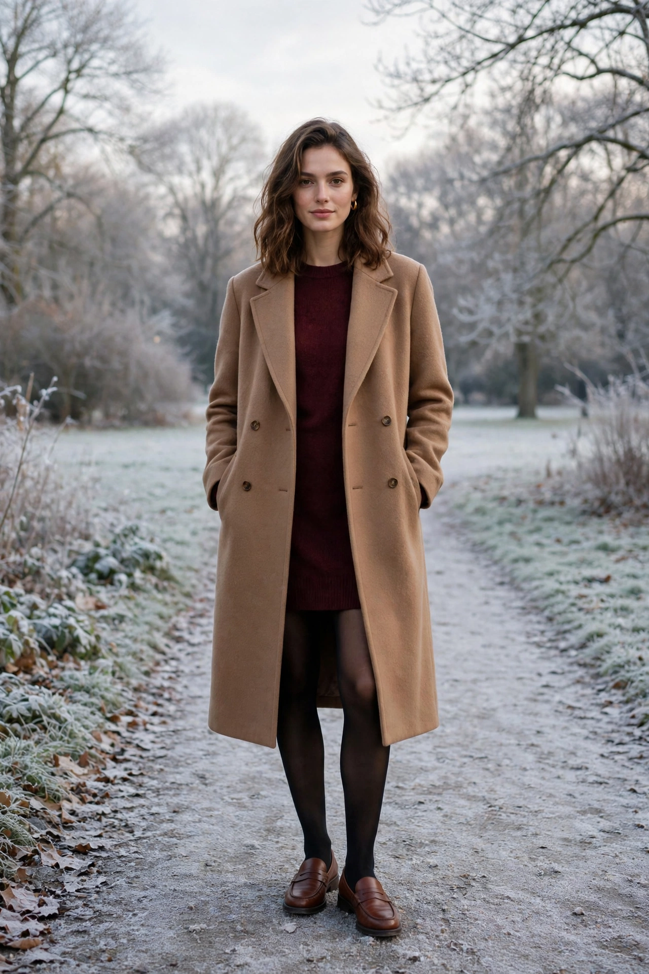 Long camel wool coat, burgundy sweater dress with tights and classic loafers