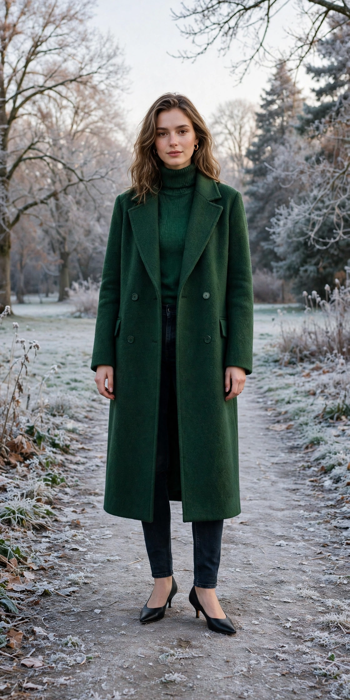 Long forest green wool coat, forest green sweater with dark jeans and kitten heels