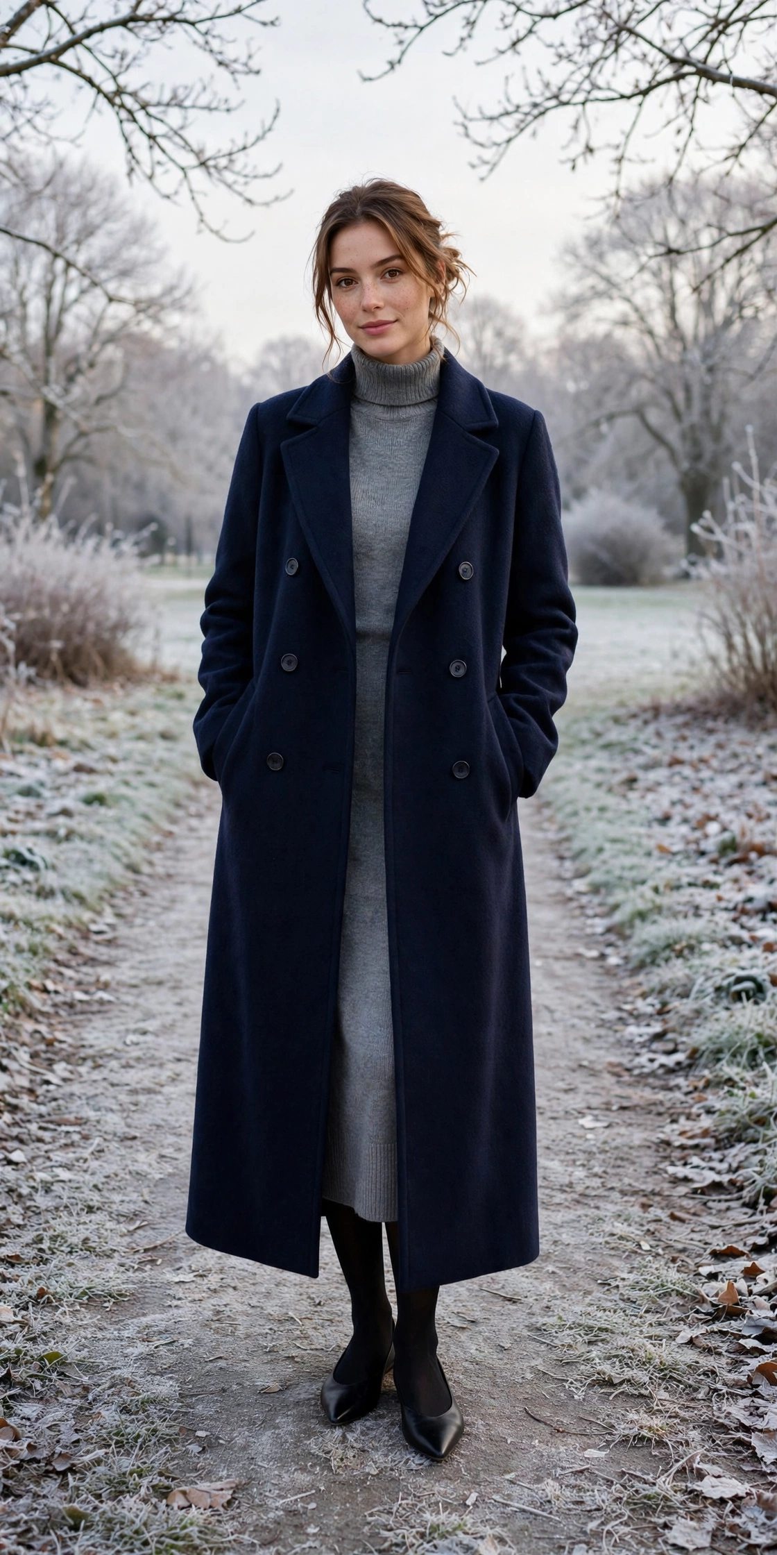 Long navy wool coat, grey knit dress with tights and elegant pointed flats