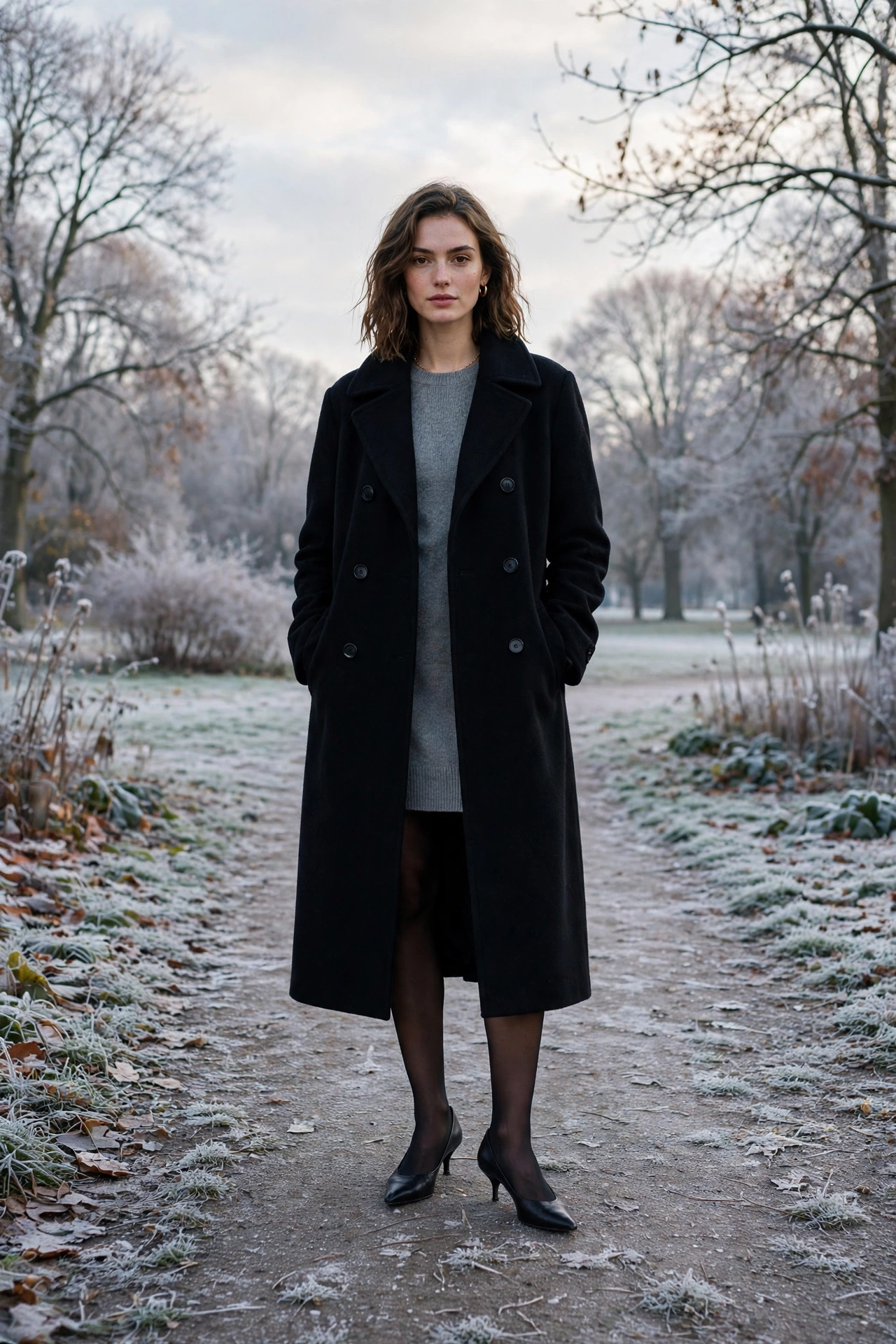 Long black wool coat, grey knit dress with tights and kitten heels