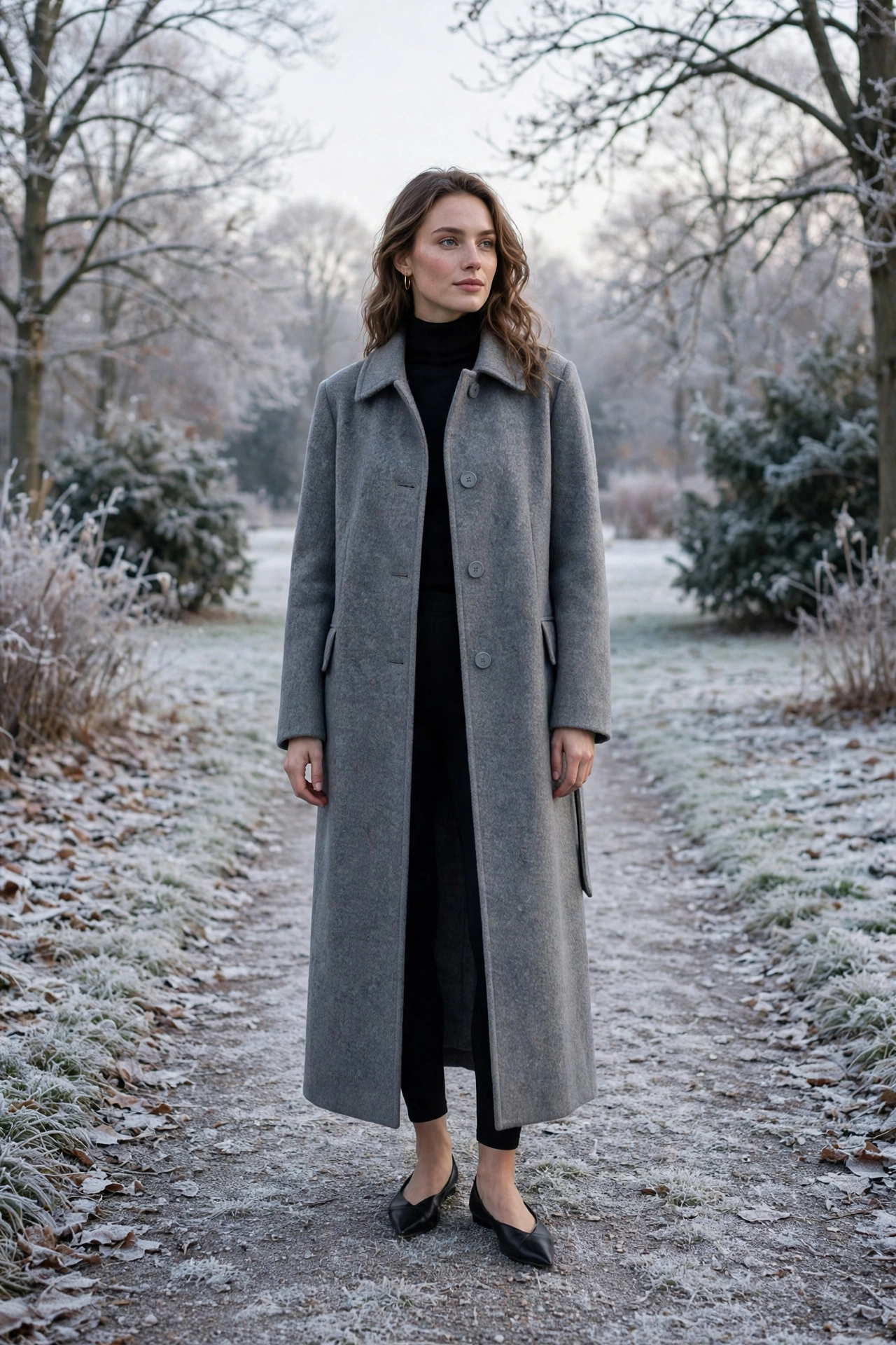 Long grey wool coat, black leggings and elegant pointed flats