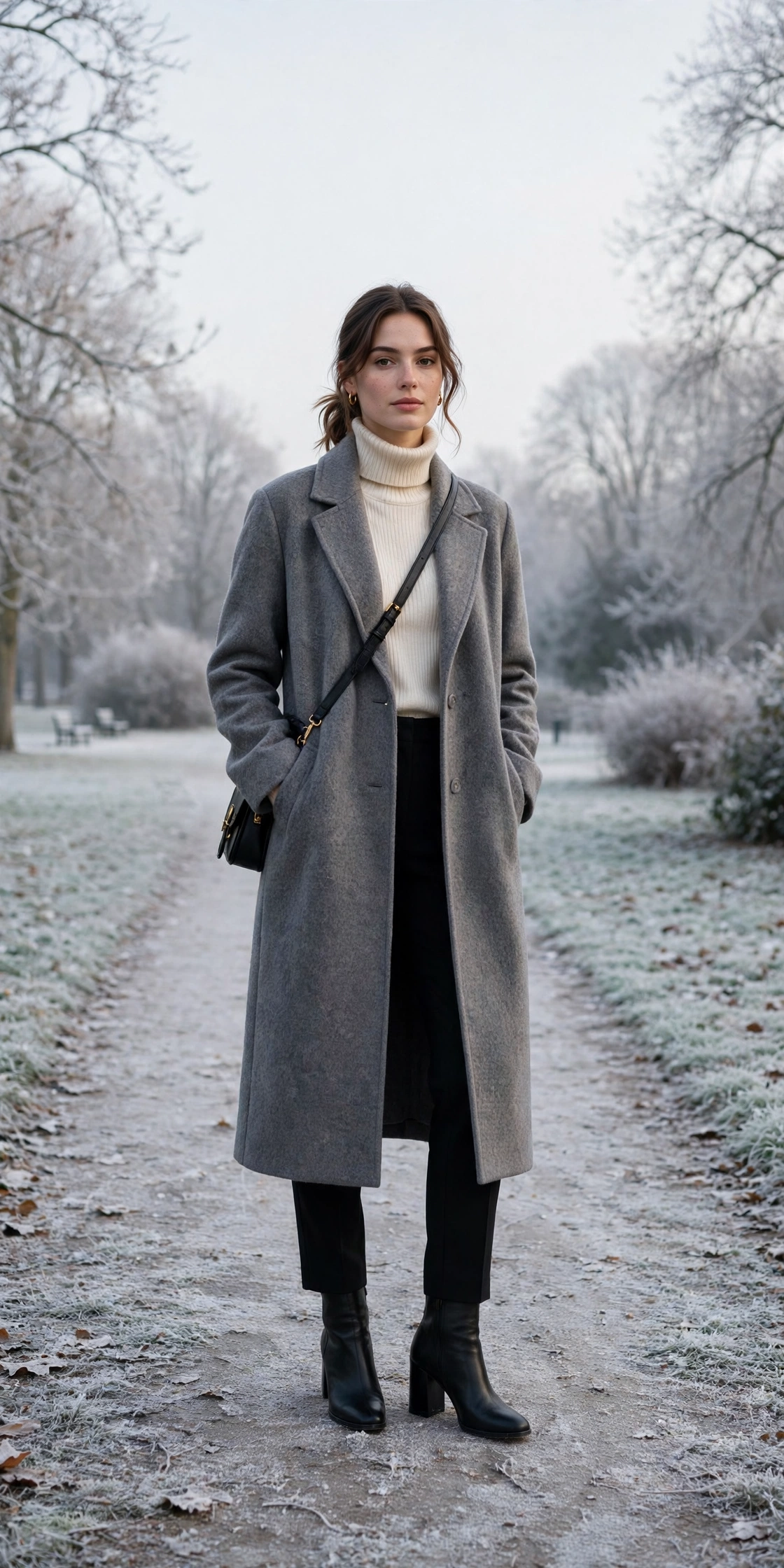 Long grey wool coat, cream turtleneck with black trousers and block-heel ankle boots