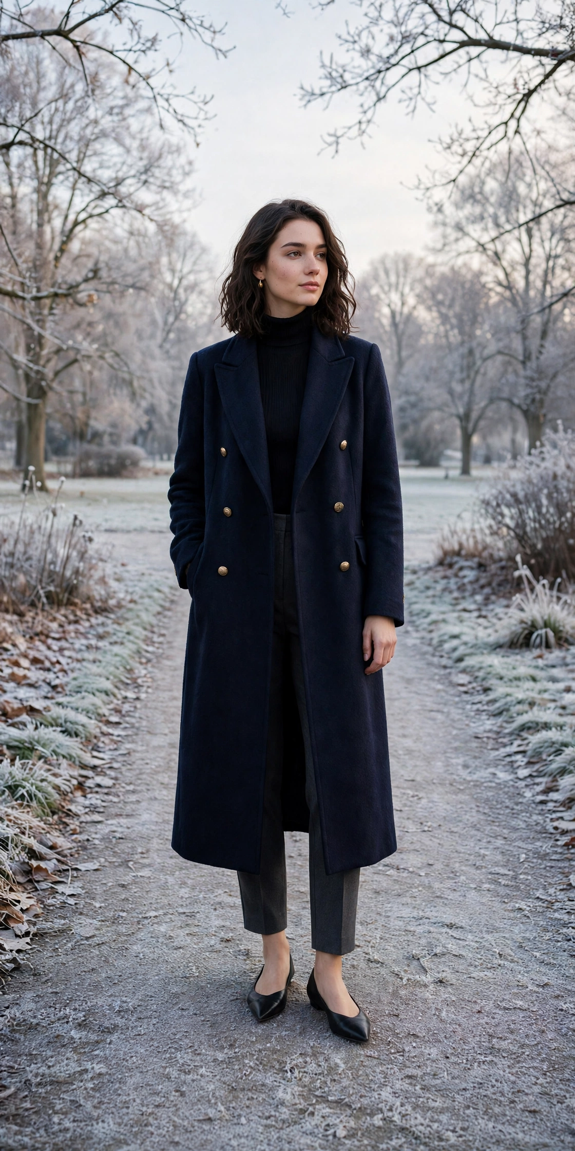 Long navy wool coat, charcoal trousers and elegant pointed flats