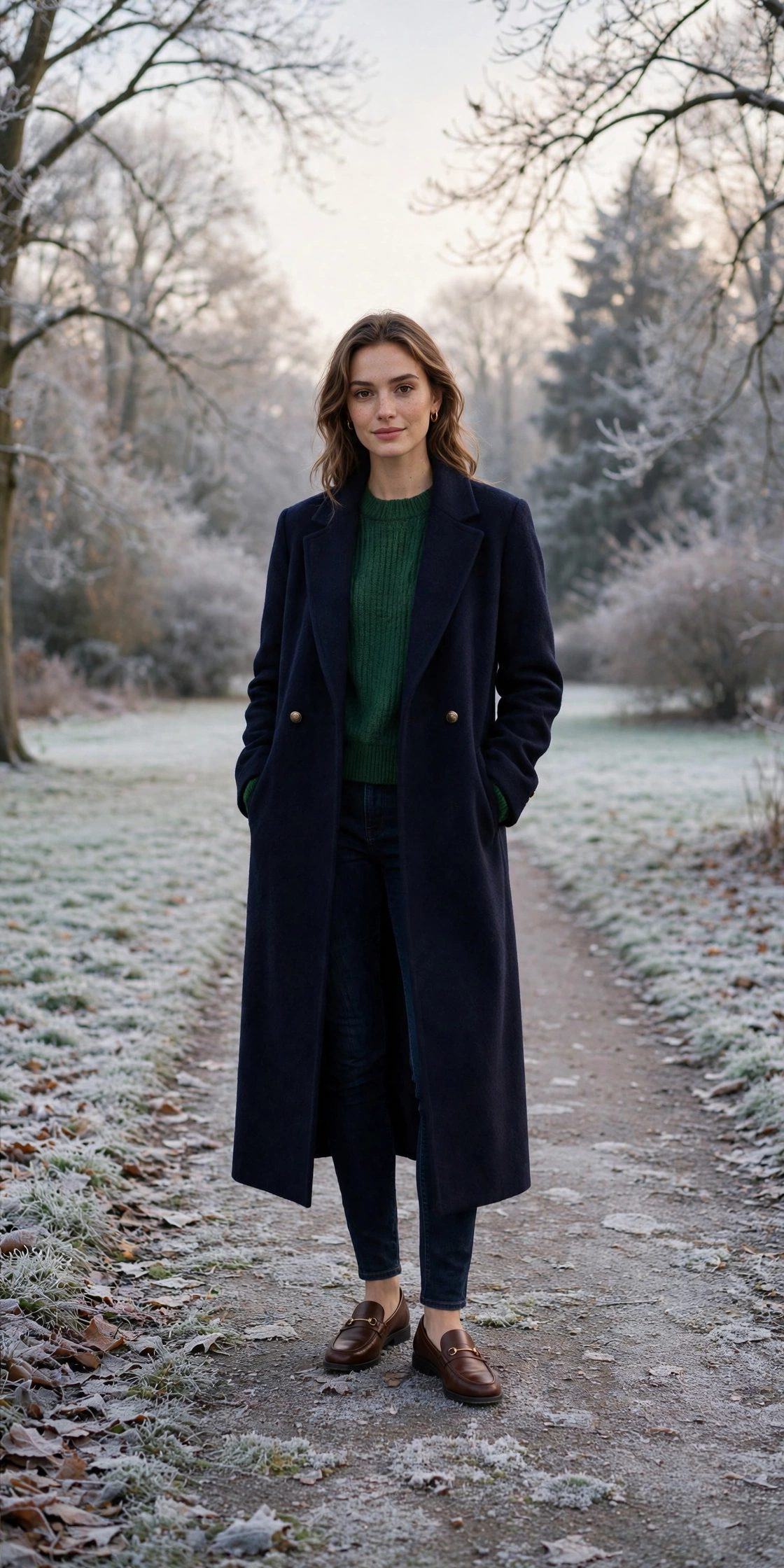 Long navy wool coat, forest green sweater with dark jeans and classic loafers