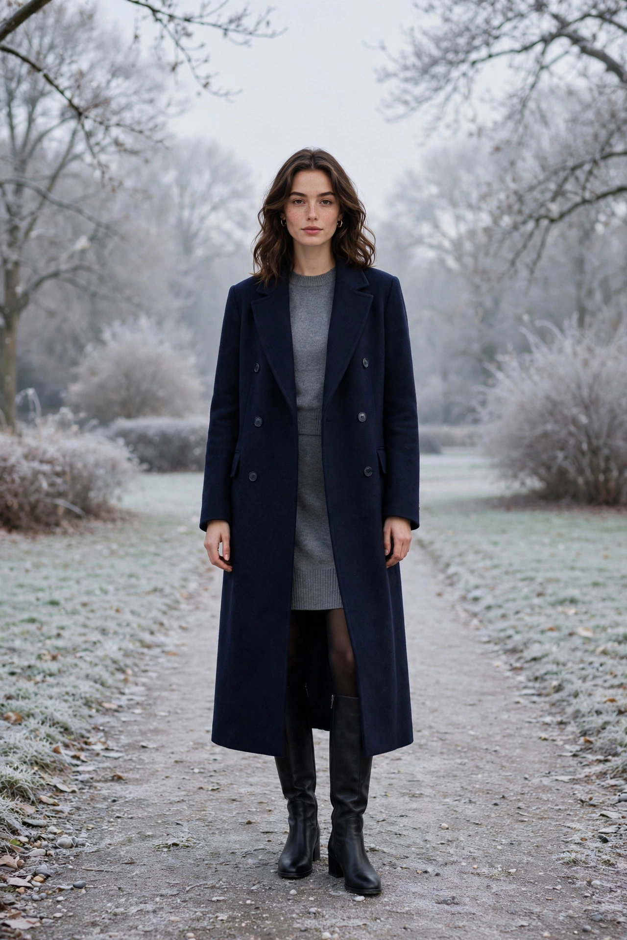 Long navy wool coat, grey knit dress with tights and knee-high boots
