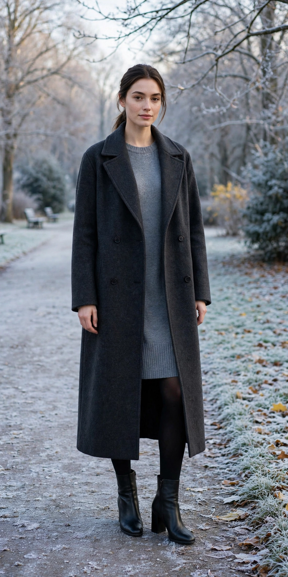 Long charcoal wool coat, grey knit dress with tights and block-heel ankle boots